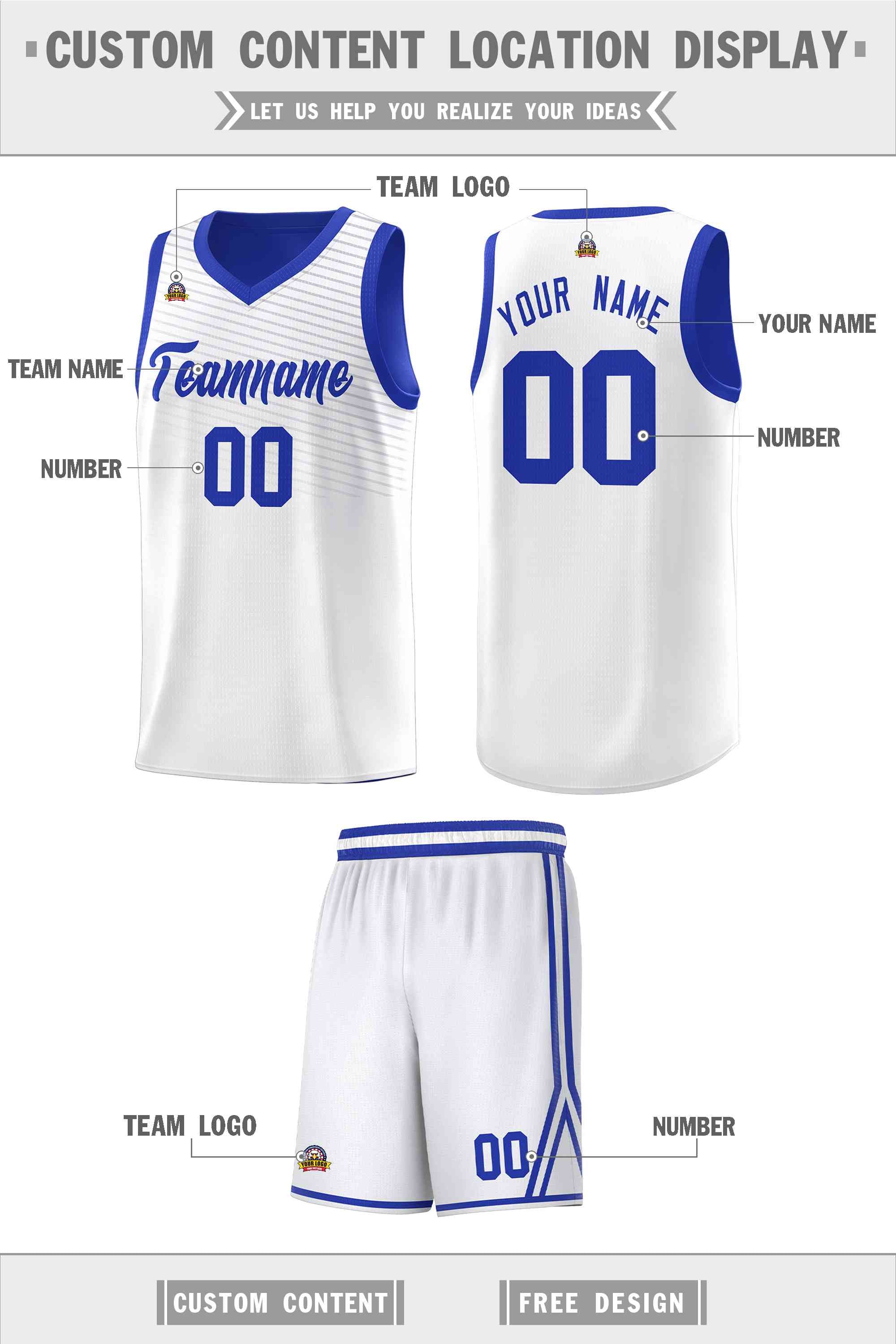 Custom White Royal Chest Slash Patttern Sports Uniform Basketball Jersey