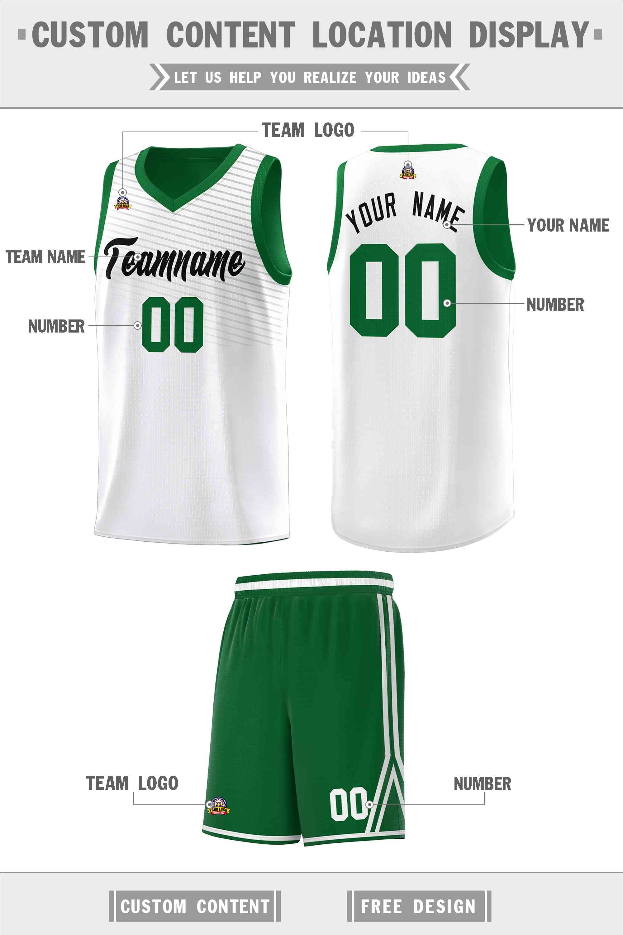 Custom White Green Chest Slash Patttern Sports Uniform Basketball Jersey