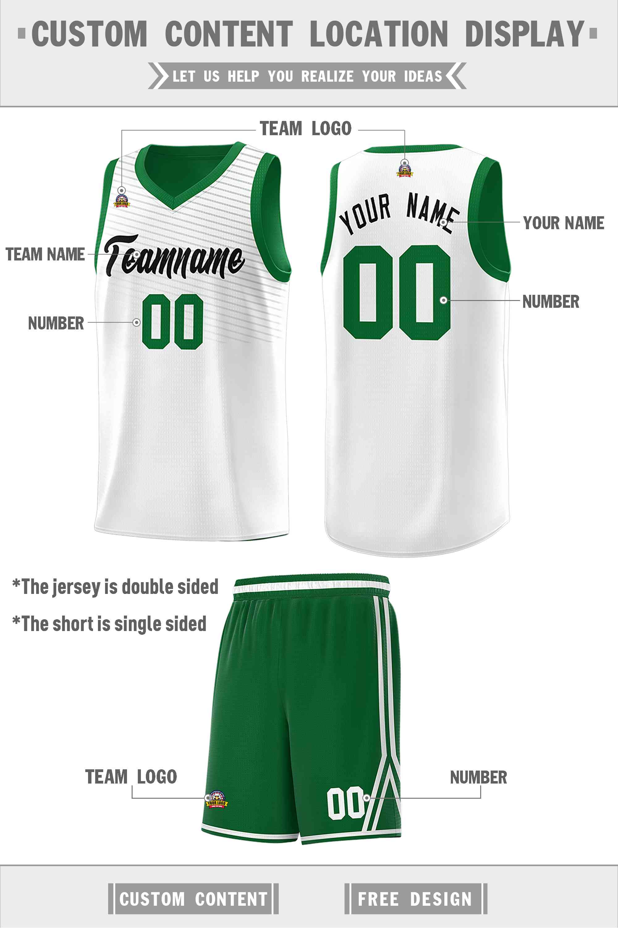 Custom Green White Chest Slash Patttern Double Side Sports Uniform Basketball Jersey