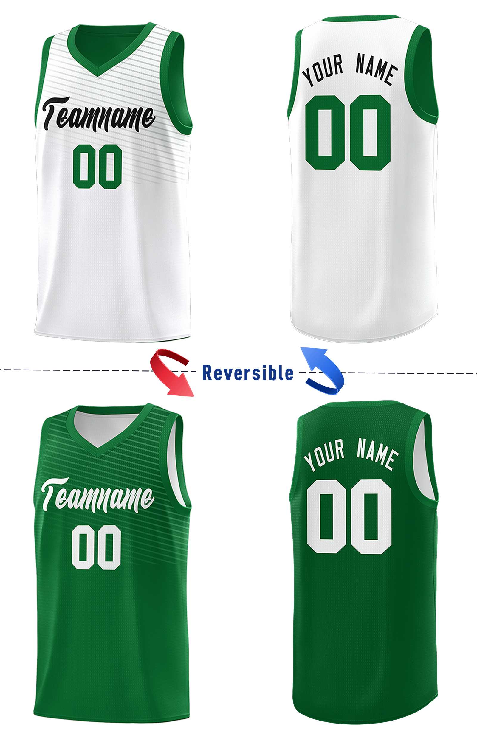 Custom Green White Chest Slash Patttern Double Side Sports Uniform Basketball Jersey