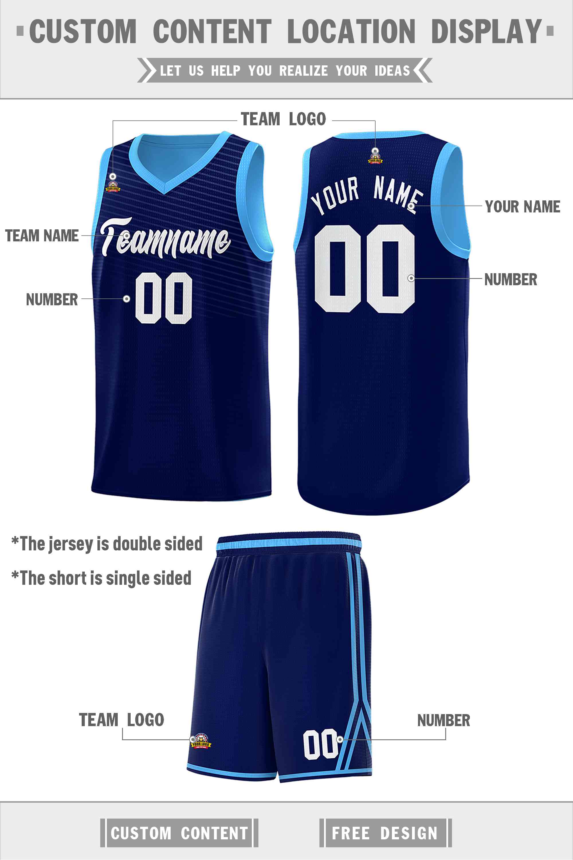 Custom Blue Light Blue Chest Slash Patttern Double Side Sports Uniform Basketball Jersey