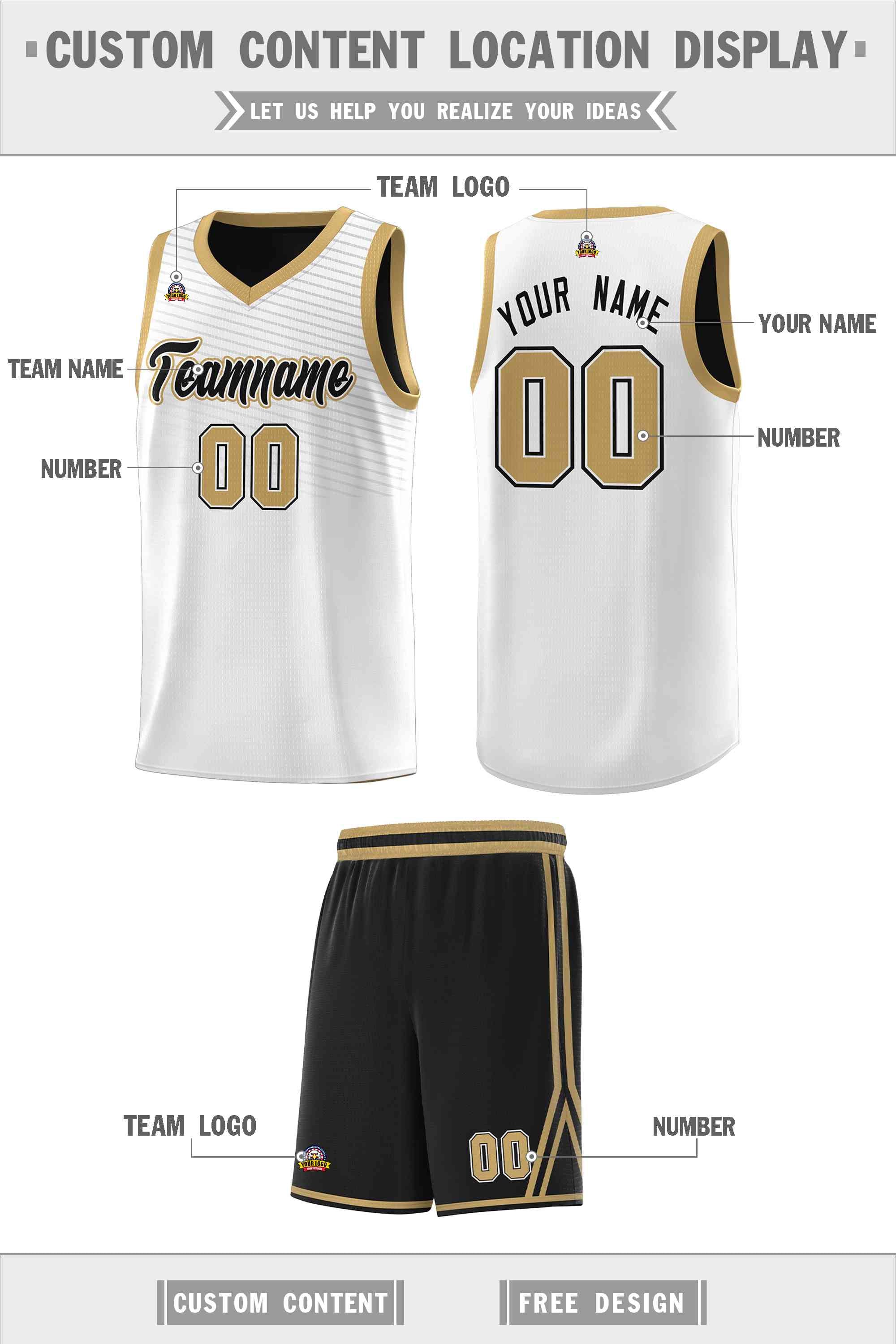 Custom White Old Gold Chest Slash Patttern Sports Uniform Basketball Jersey