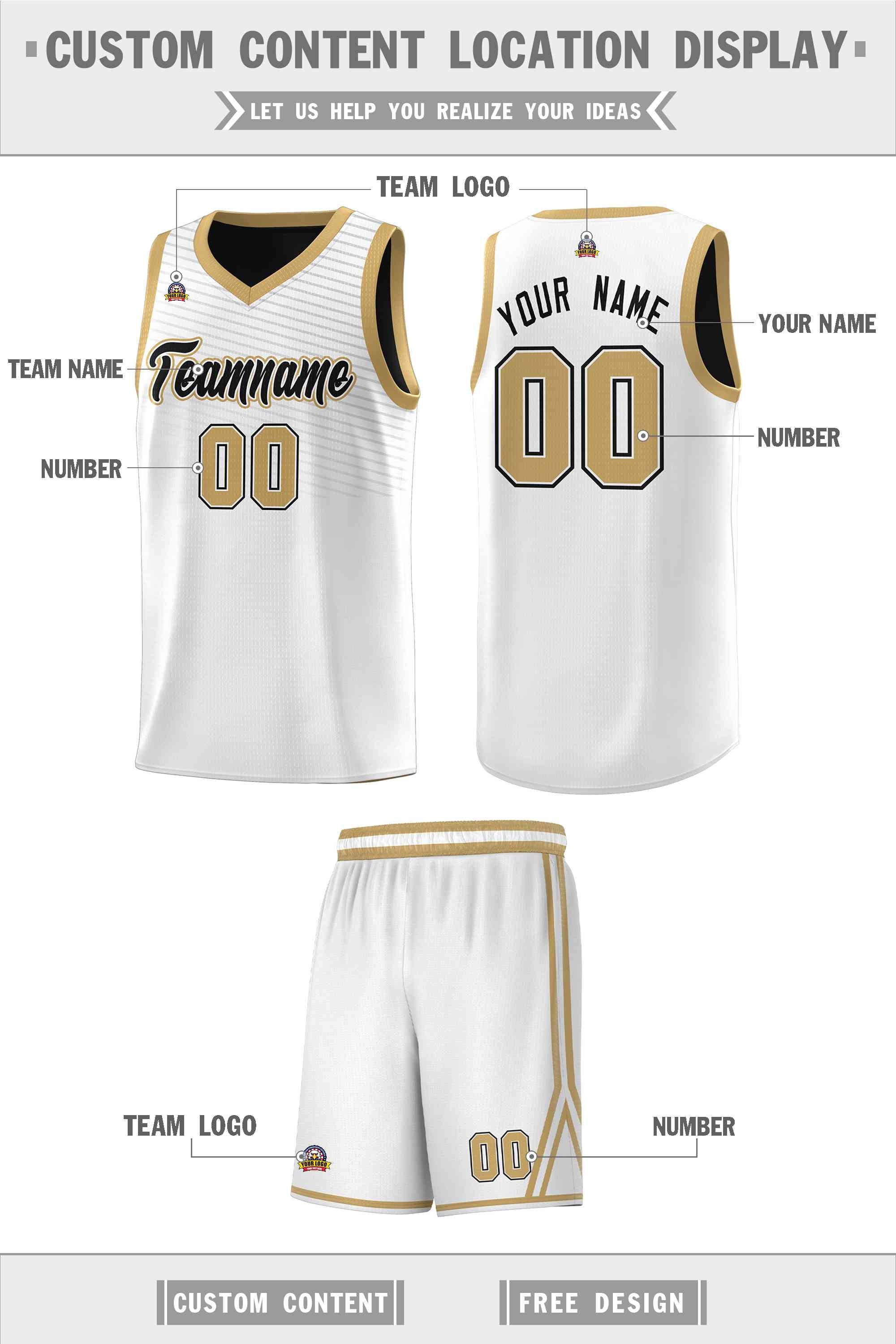 Custom White Old Gold Chest Slash Patttern Sports Uniform Basketball Jersey