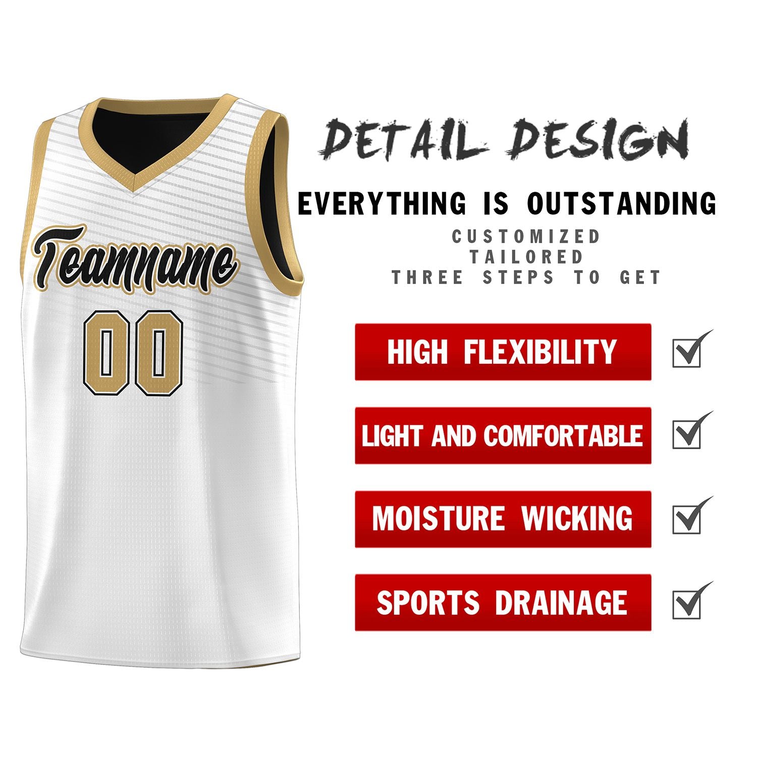 Custom White Old Gold Chest Slash Patttern Sports Uniform Basketball Jersey