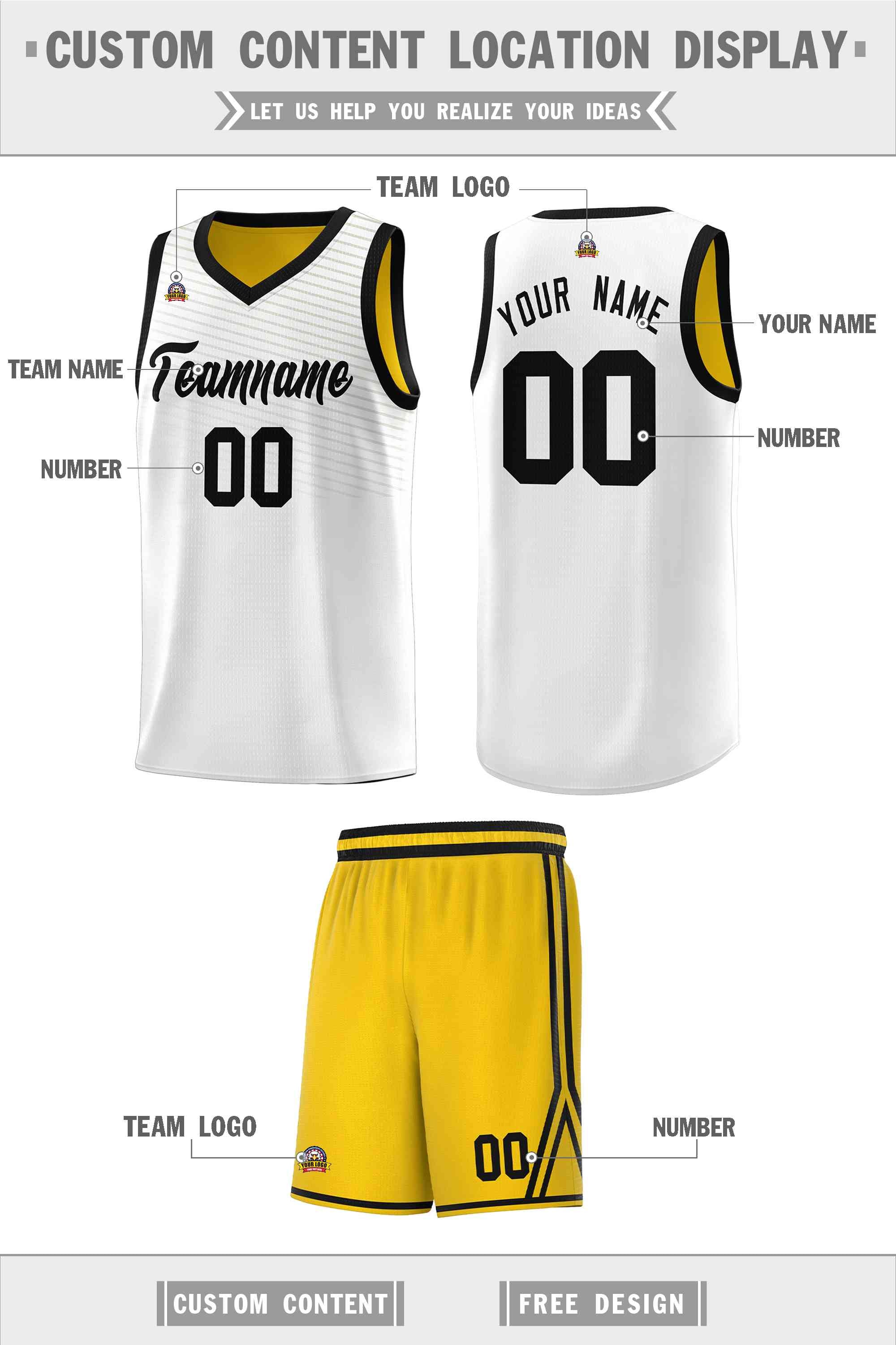 Custom White Gold Chest Slash Patttern Sports Uniform Basketball Jersey