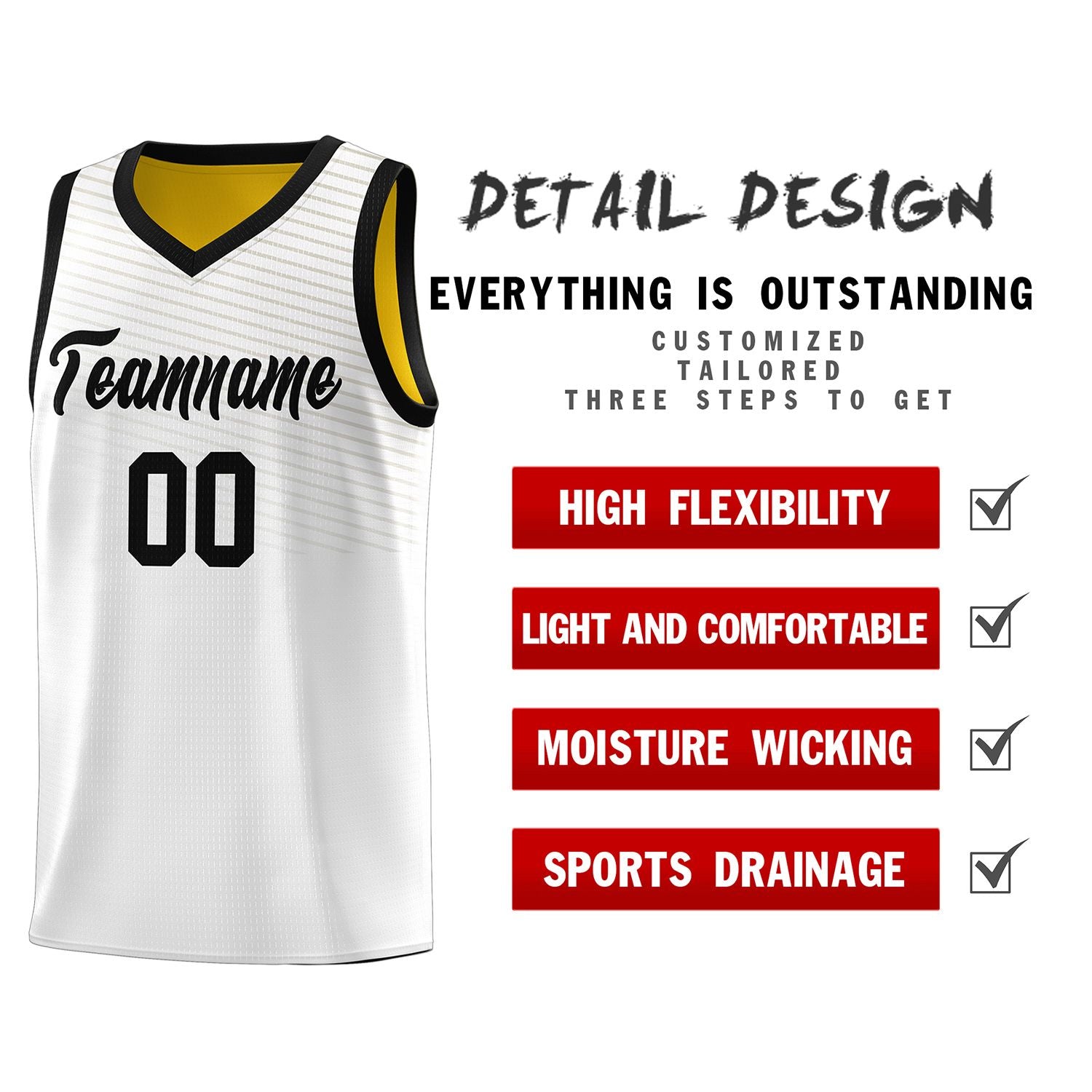 Custom White Gold Chest Slash Patttern Sports Uniform Basketball Jersey