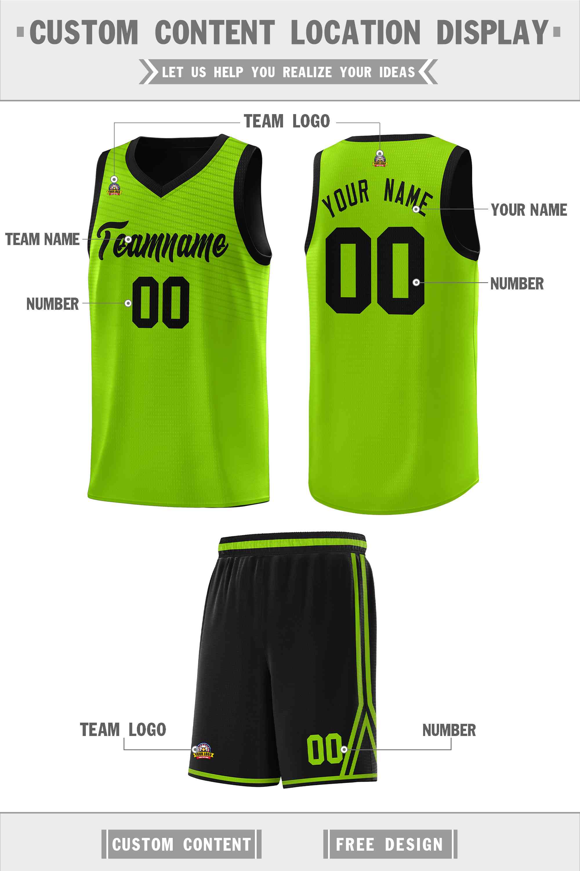 Custom Neon Green Black Chest Slash Patttern Sports Uniform Basketball Jersey