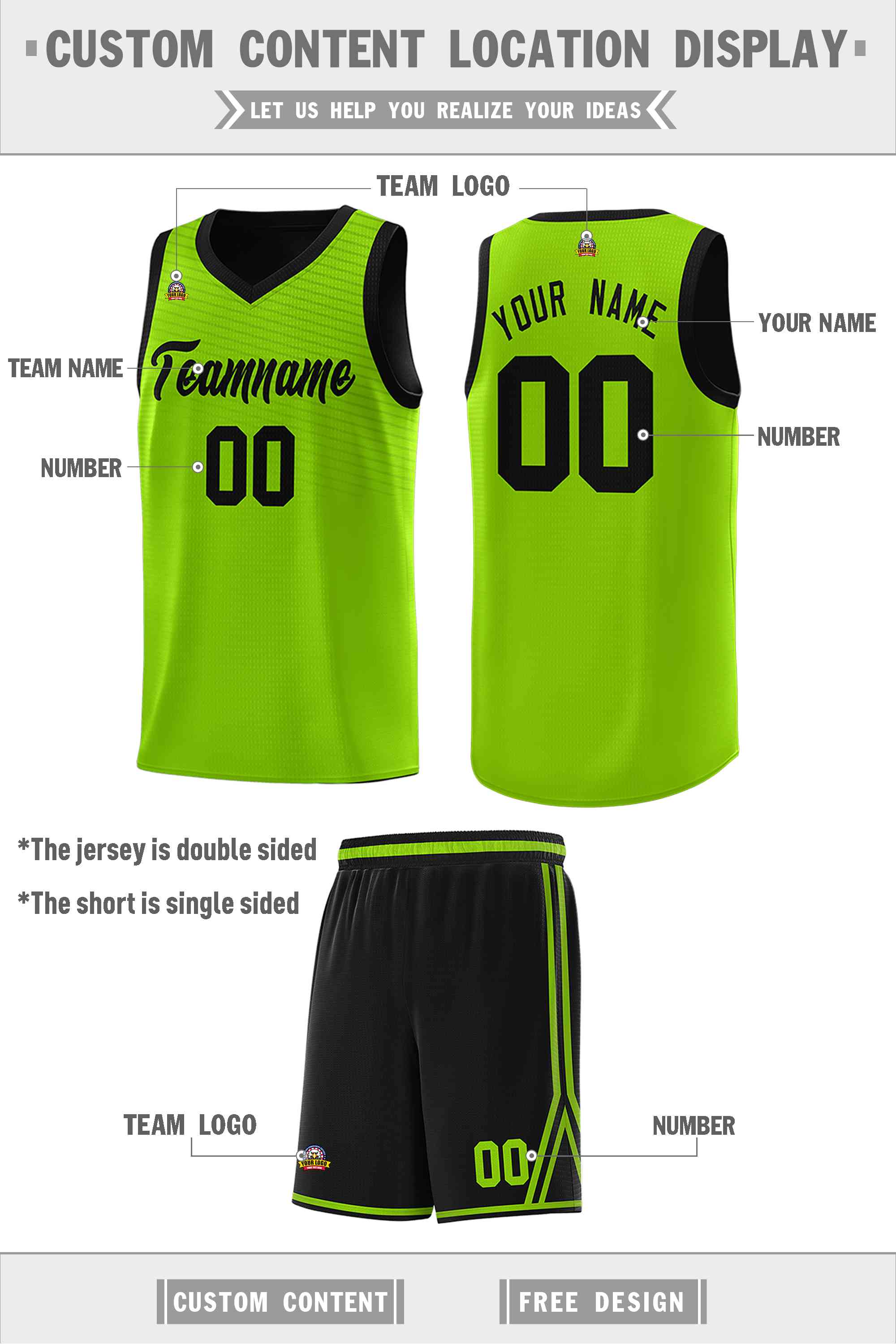 Custom Black Neon Green Chest Slash Patttern Double Side Sports Uniform Basketball Jersey