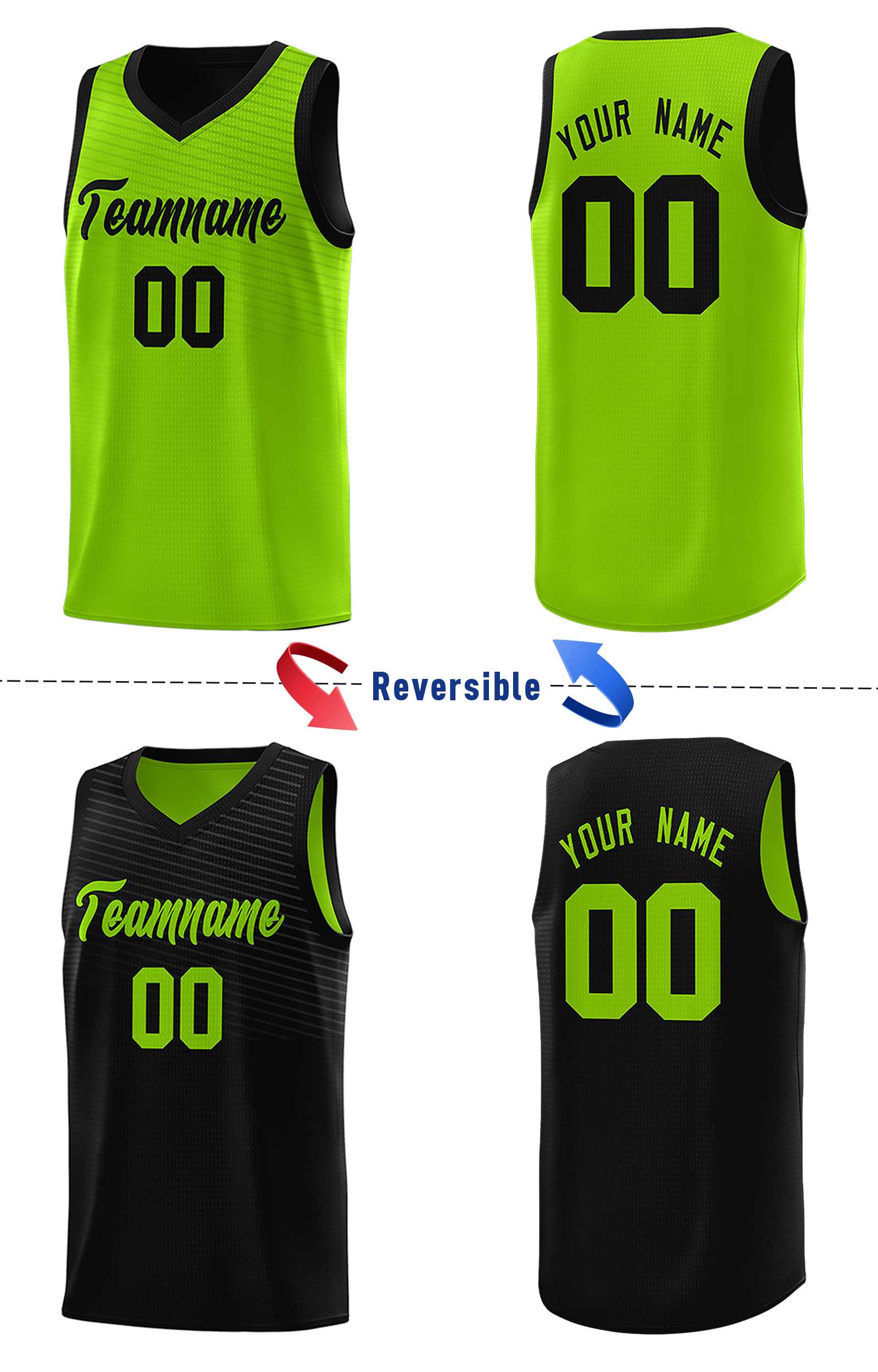 Custom Black Neon Green Chest Slash Patttern Double Side Sports Uniform Basketball Jersey