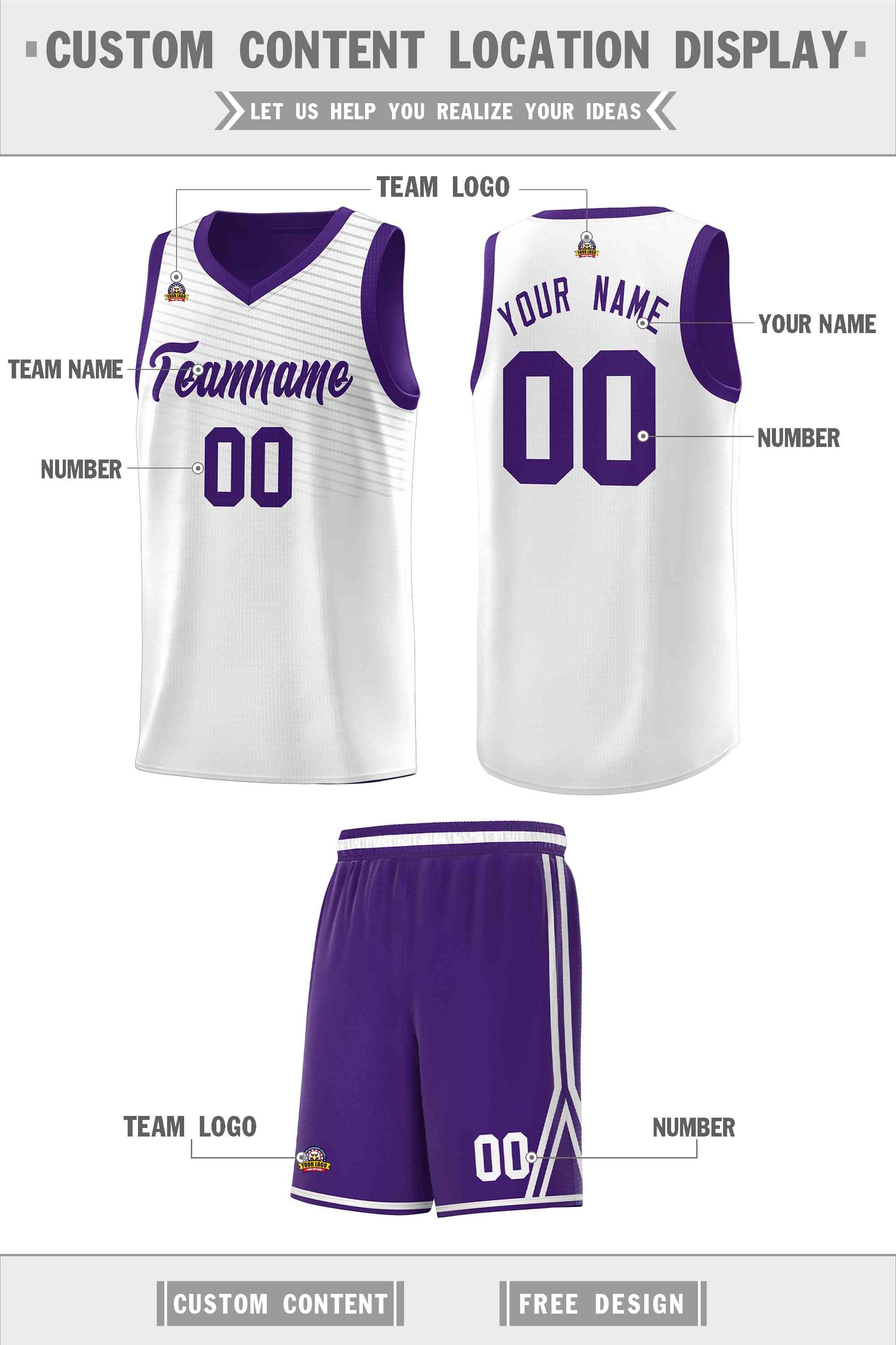 Custom White Purple Chest Slash Patttern Sports Uniform Basketball Jersey