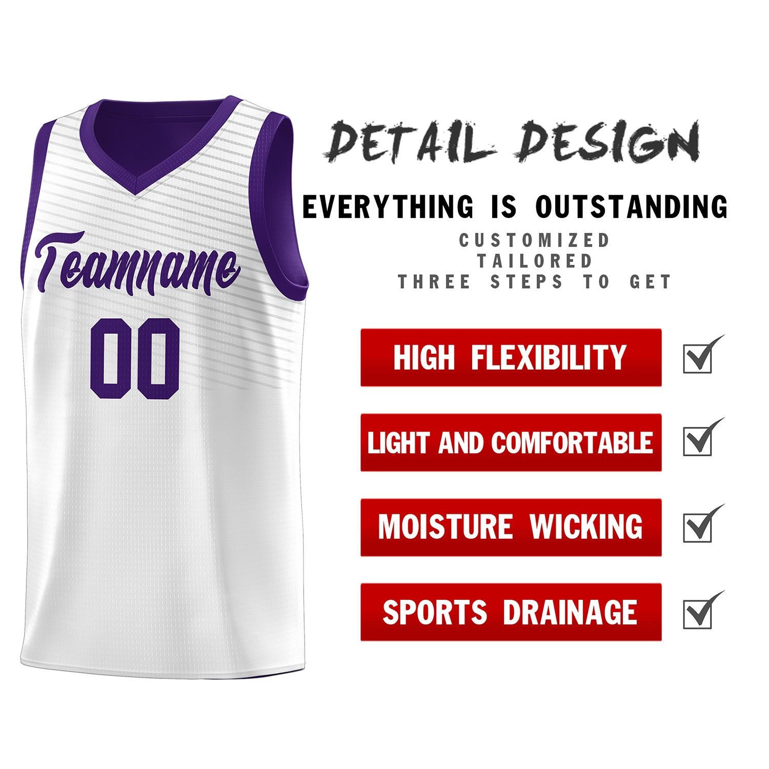 Custom White Purple Chest Slash Patttern Sports Uniform Basketball Jersey