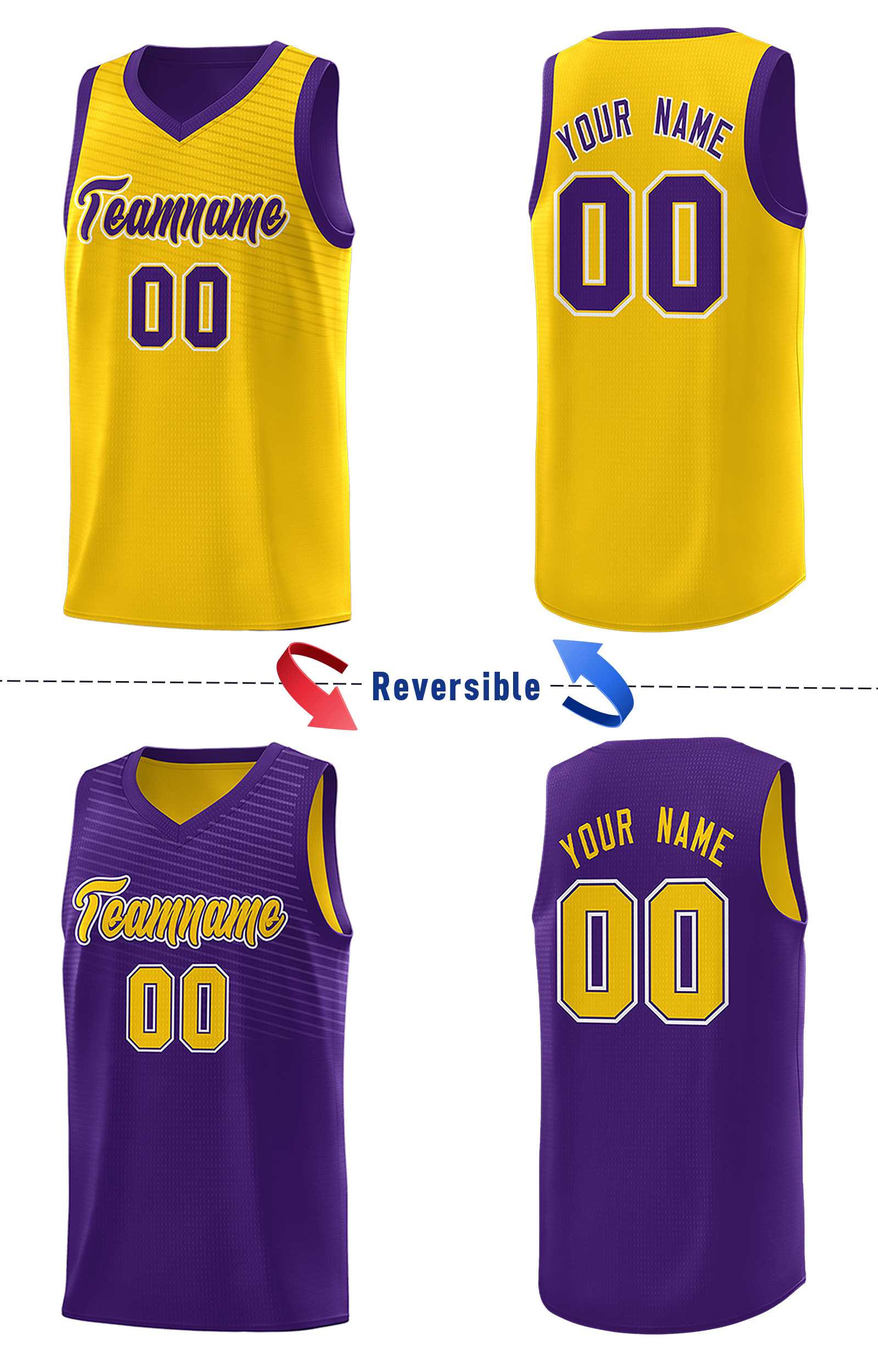 Custom Purple Gold Chest Slash Patttern Double Side Sports Uniform Basketball Jersey