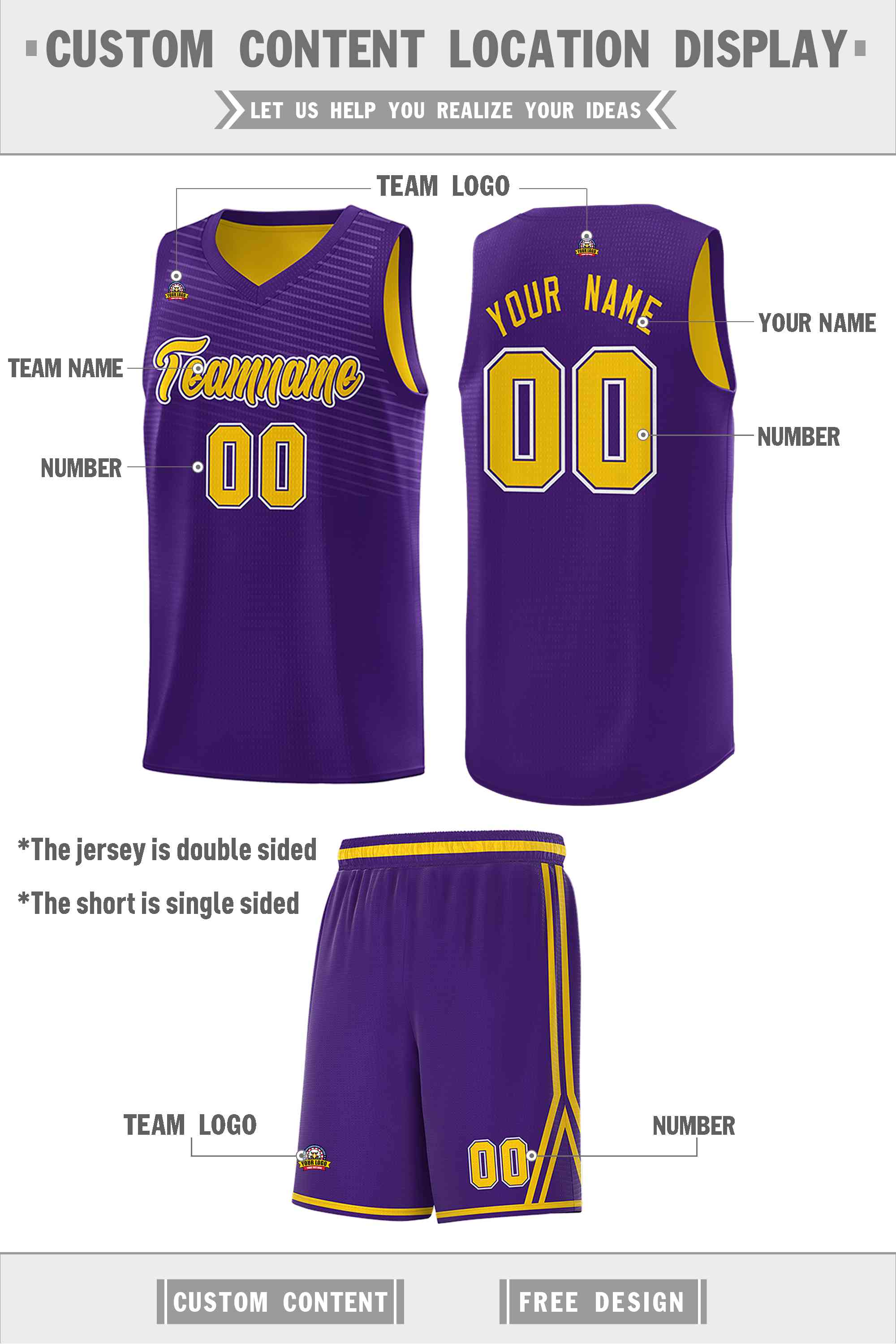 Custom Purple Gold Chest Slash Patttern Double Side Sports Uniform Basketball Jersey