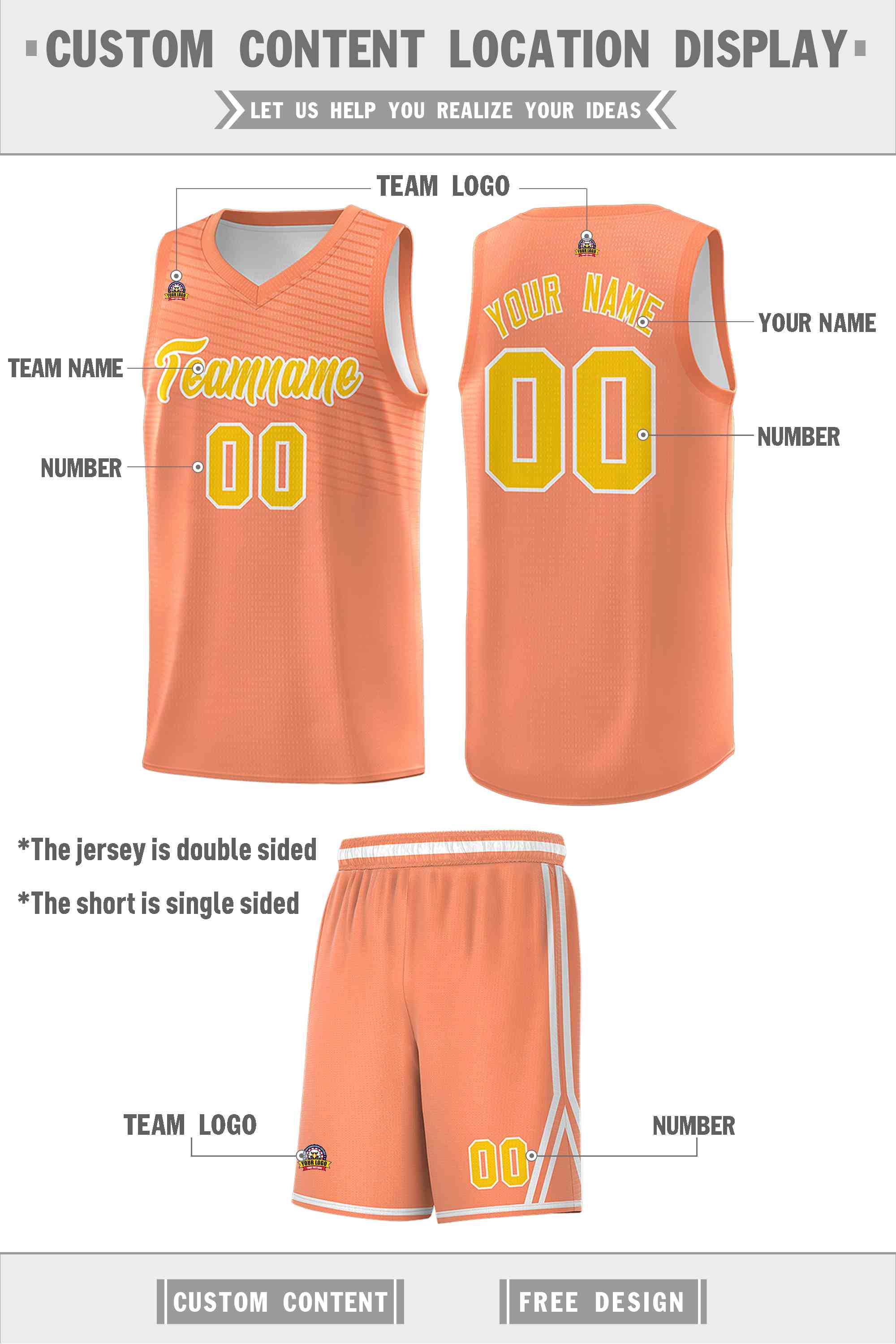 Custom Light Orange White Chest Slash Patttern Double Side Sports Uniform Basketball Jersey