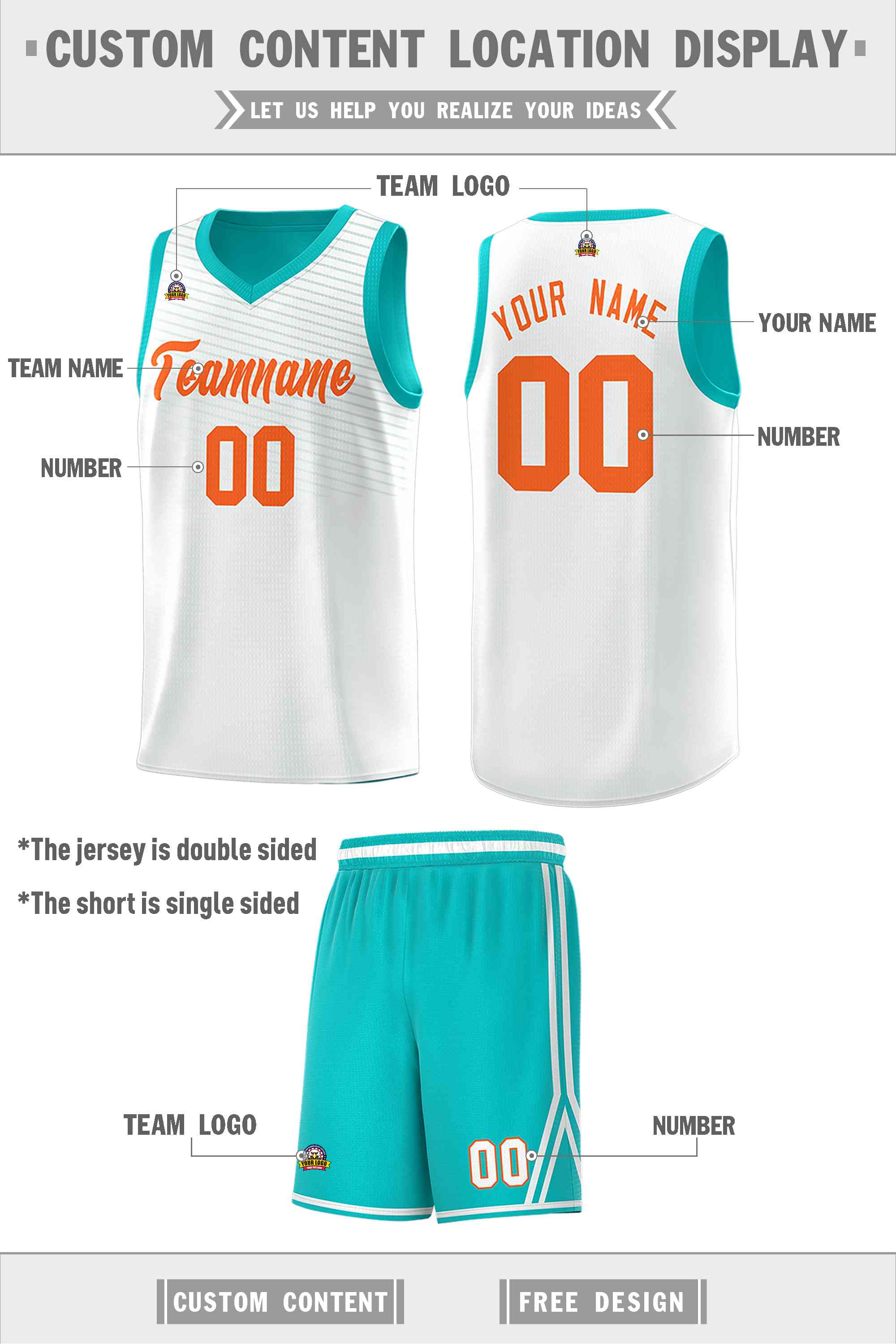 Custom Aqua White Chest Slash Patttern Double Side Sports Uniform Basketball Jersey