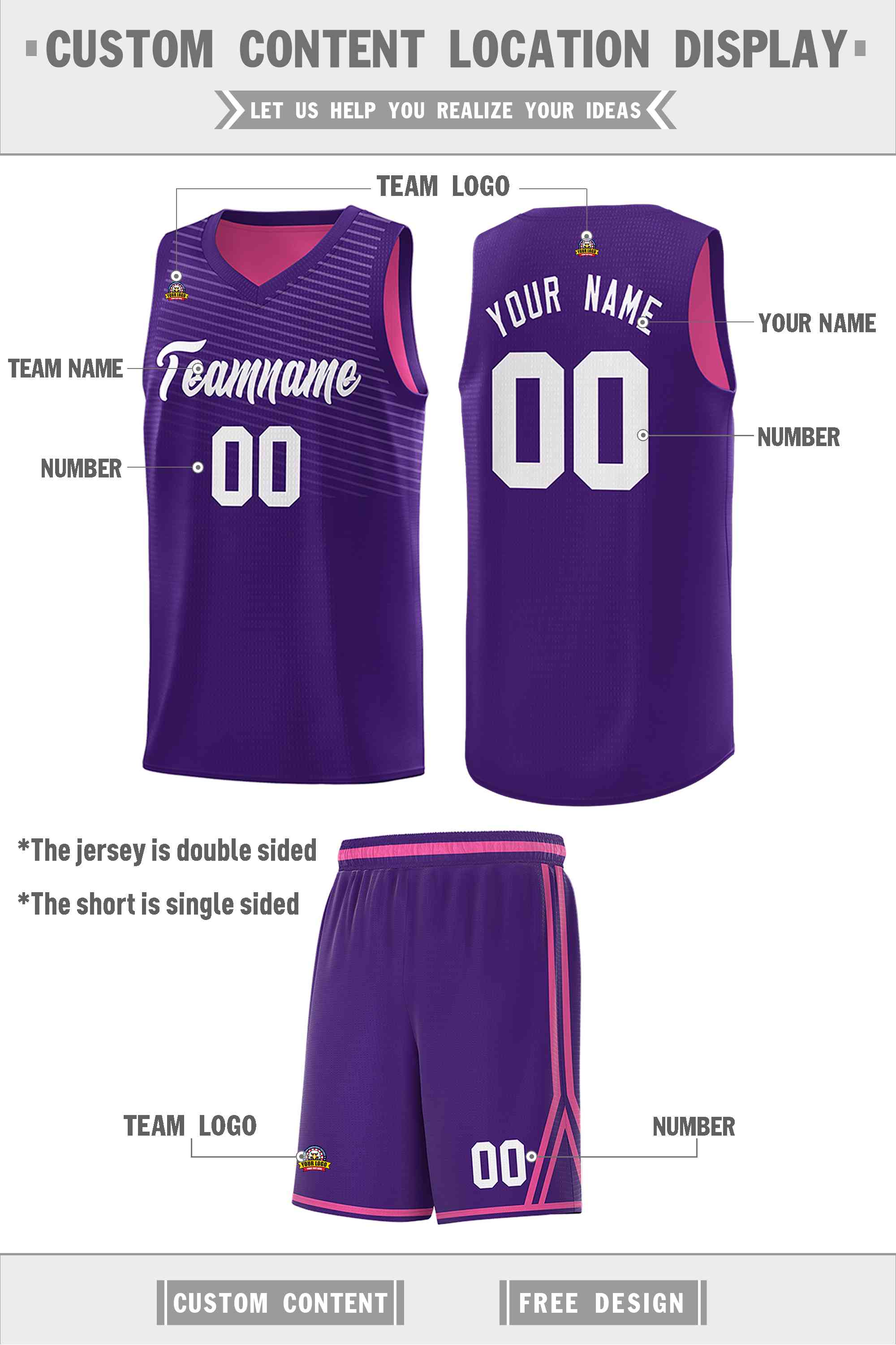 Custom Purple Pink Chest Slash Patttern Double Side Sports Uniform Basketball Jersey