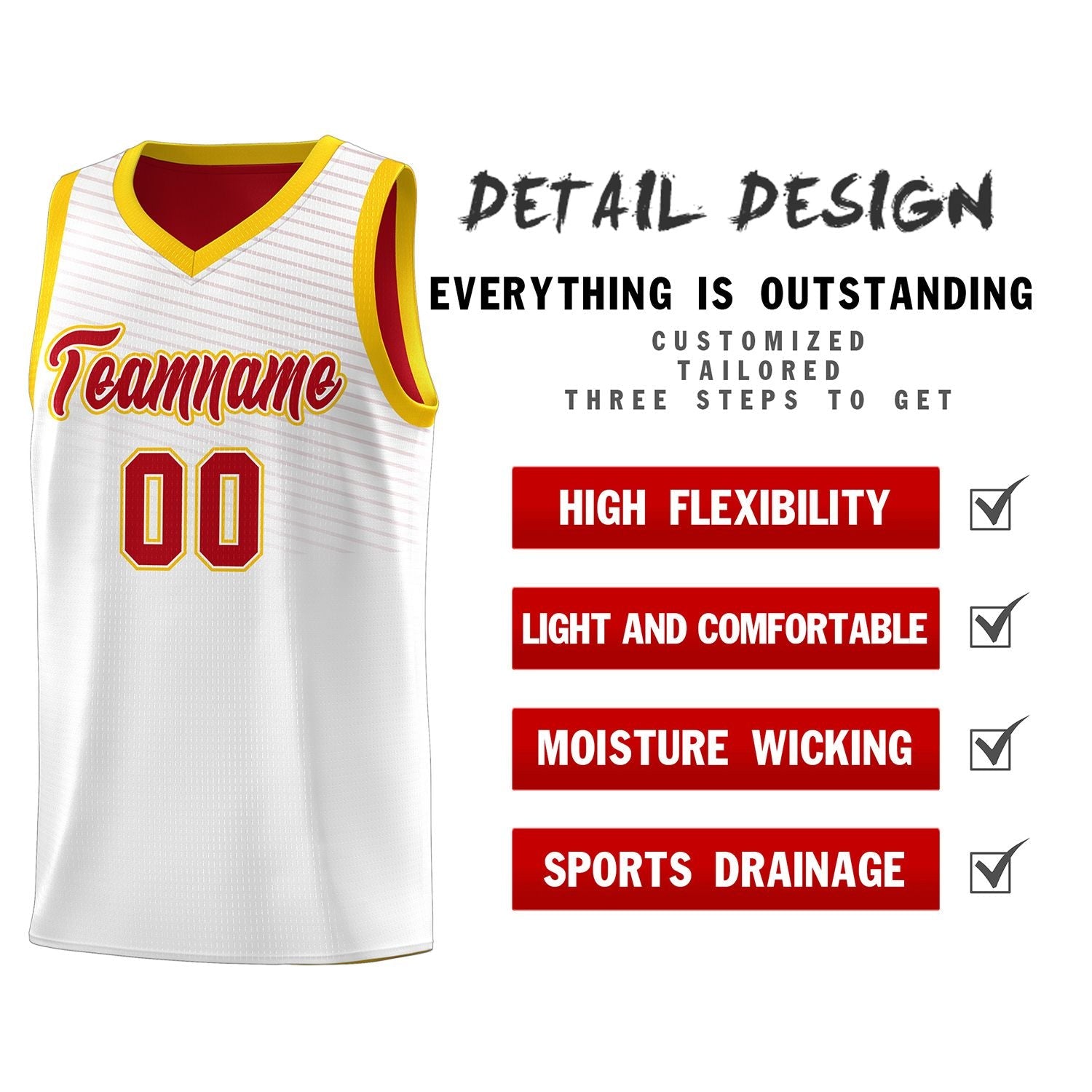 Custom White Red Chest Slash Patttern Sports Uniform Basketball Jersey