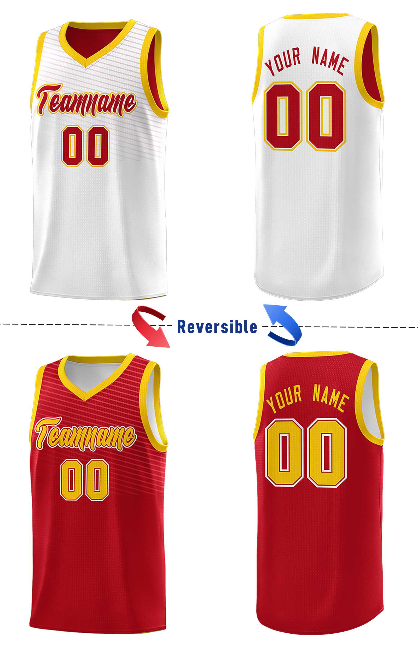 Custom Red White Chest Slash Patttern Double Side Sports Uniform Basketball Jersey