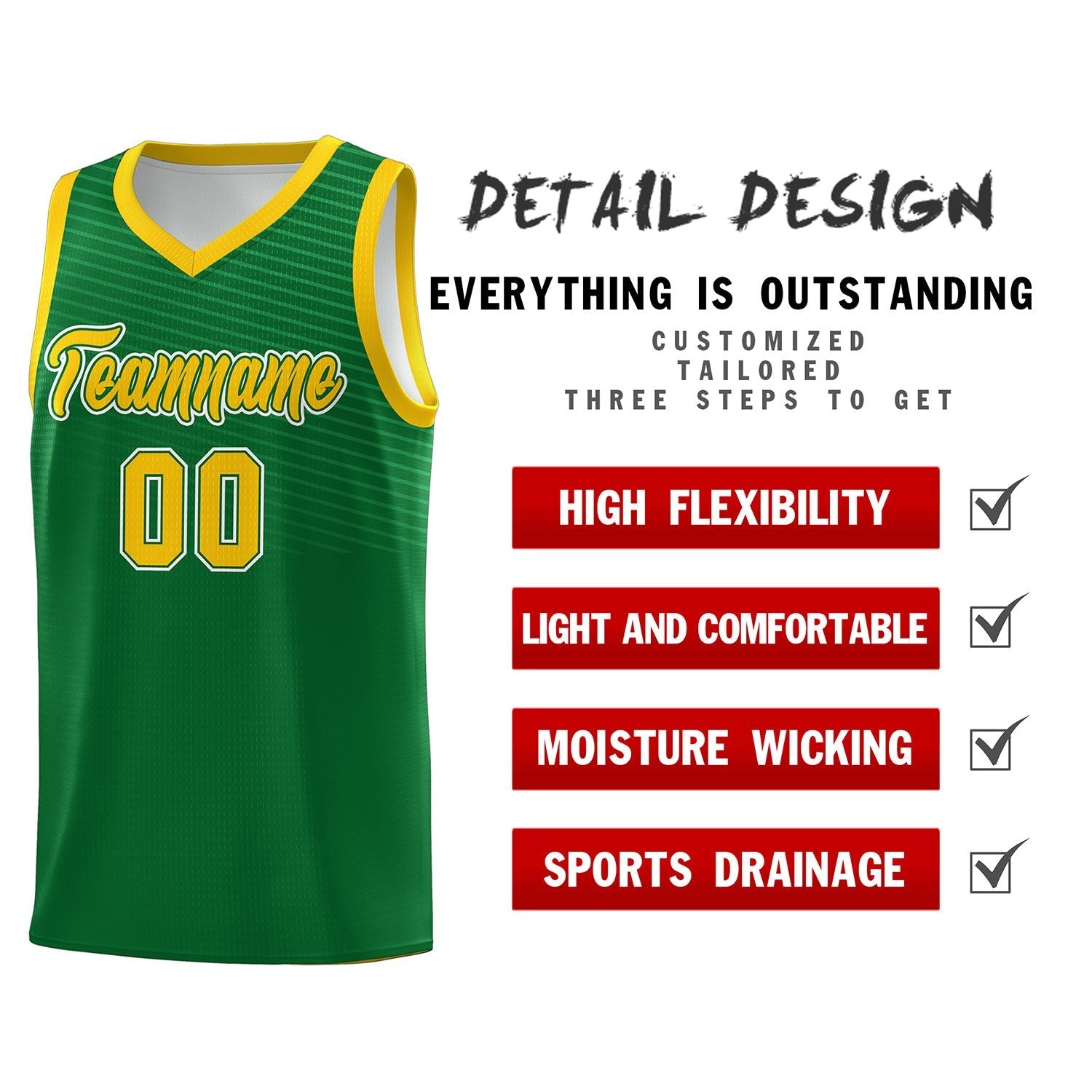 Custom Kelly Green Gold Chest Slash Patttern Sports Uniform Basketball Jersey