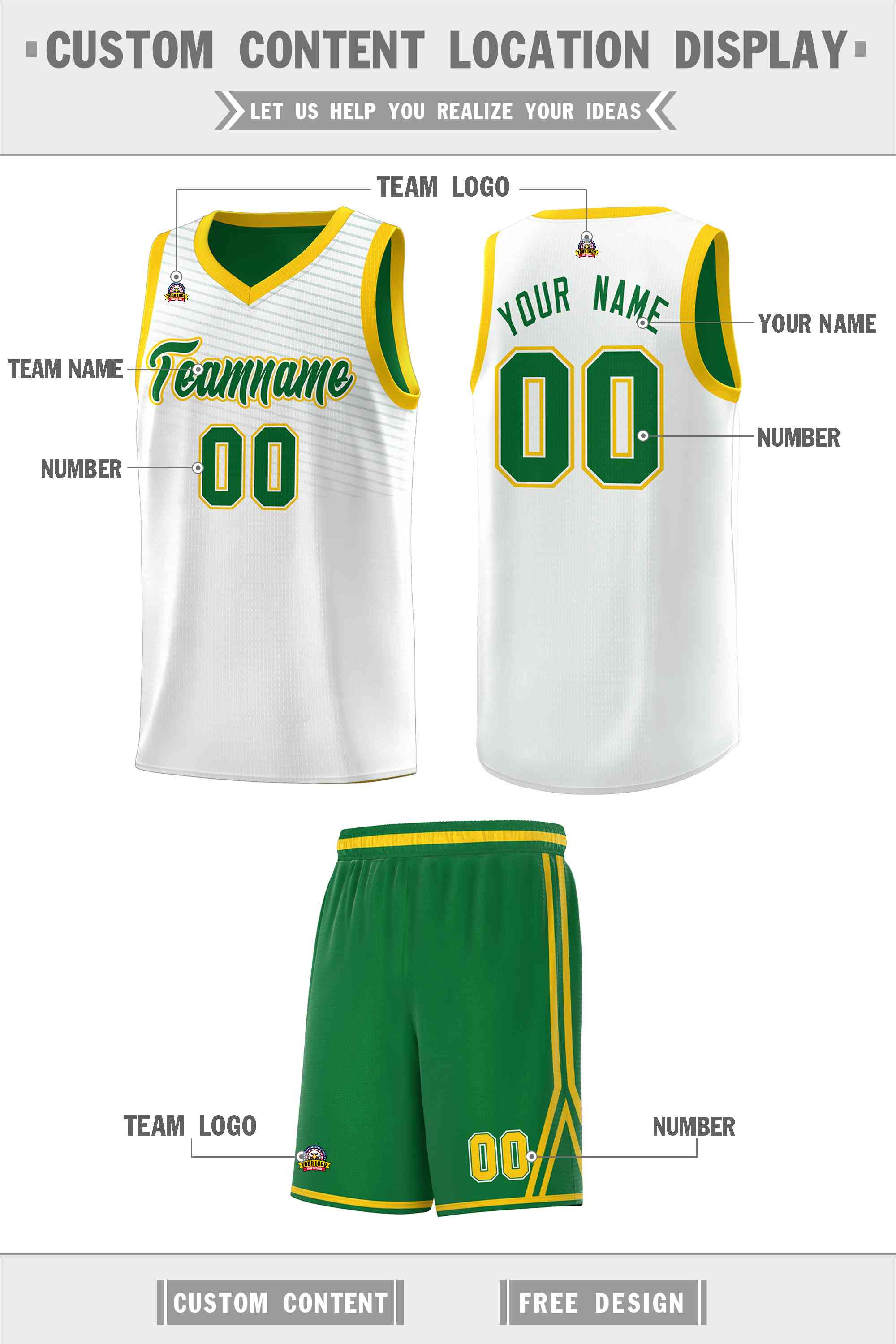 Custom White Kelly Green Chest Slash Patttern Sports Uniform Basketball Jersey