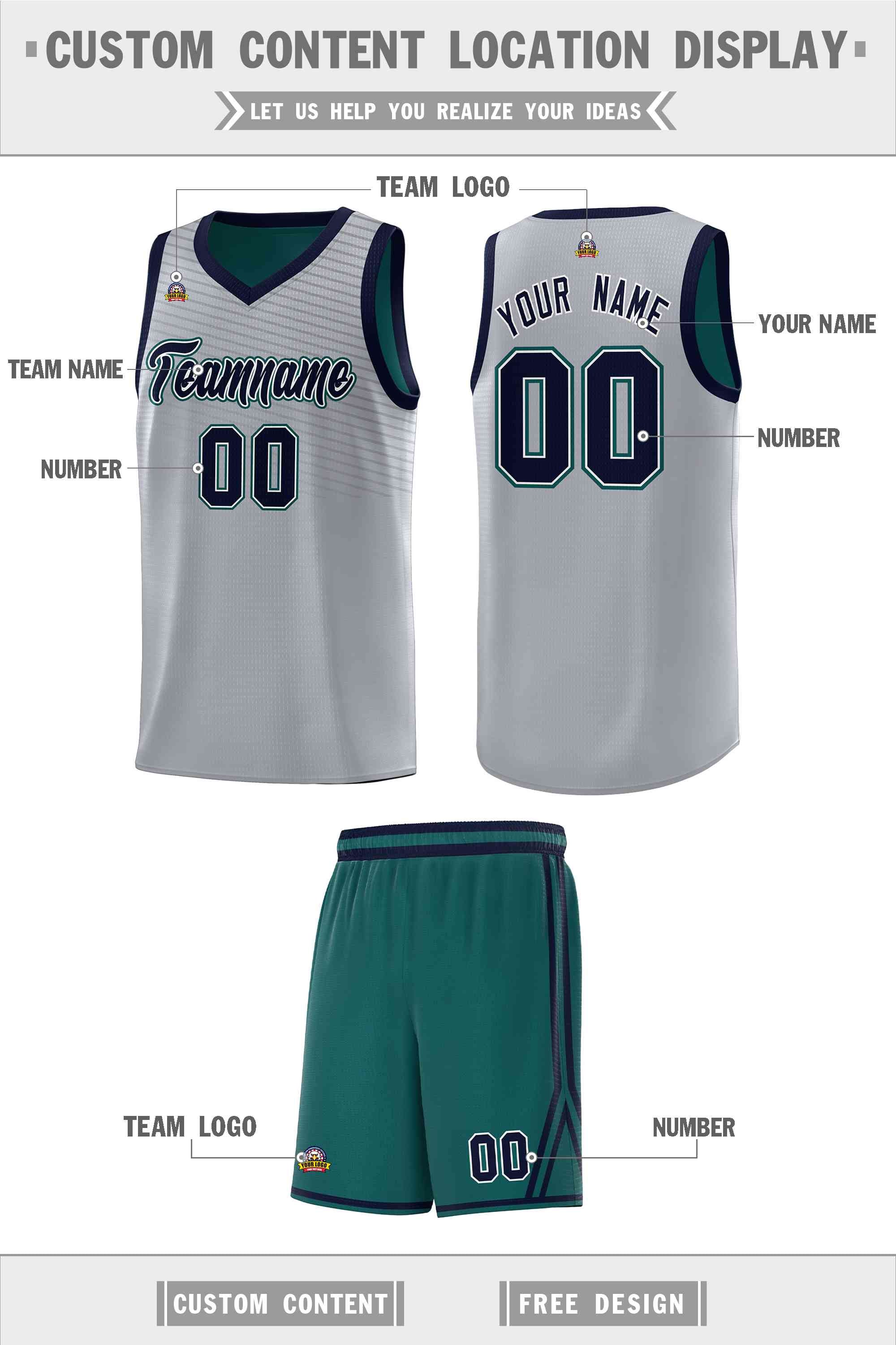 Custom Gray Midnight Green Chest Slash Patttern Sports Uniform Basketball Jersey