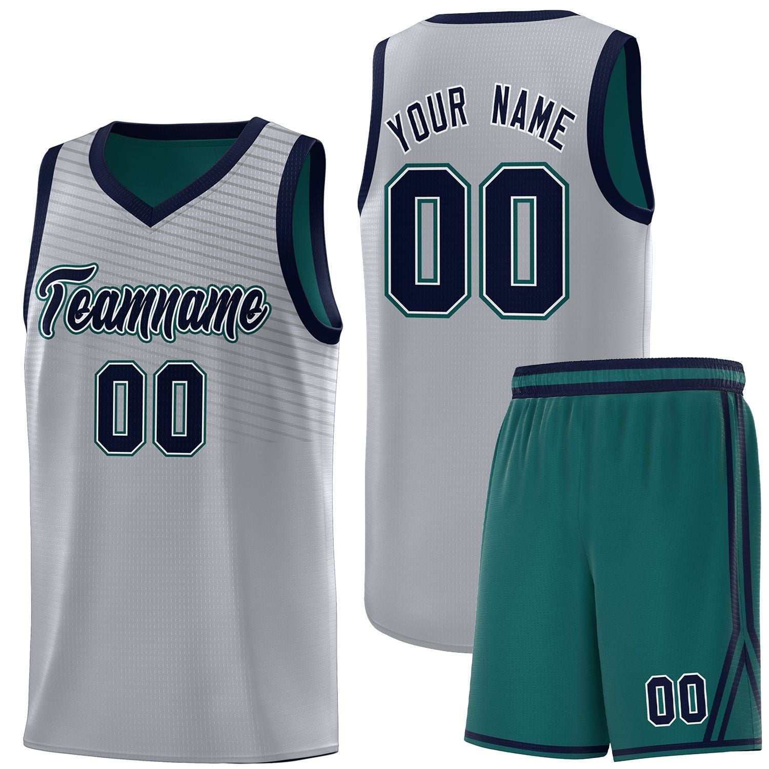 Custom Gray Midnight Green Chest Slash Patttern Sports Uniform Basketball Jersey