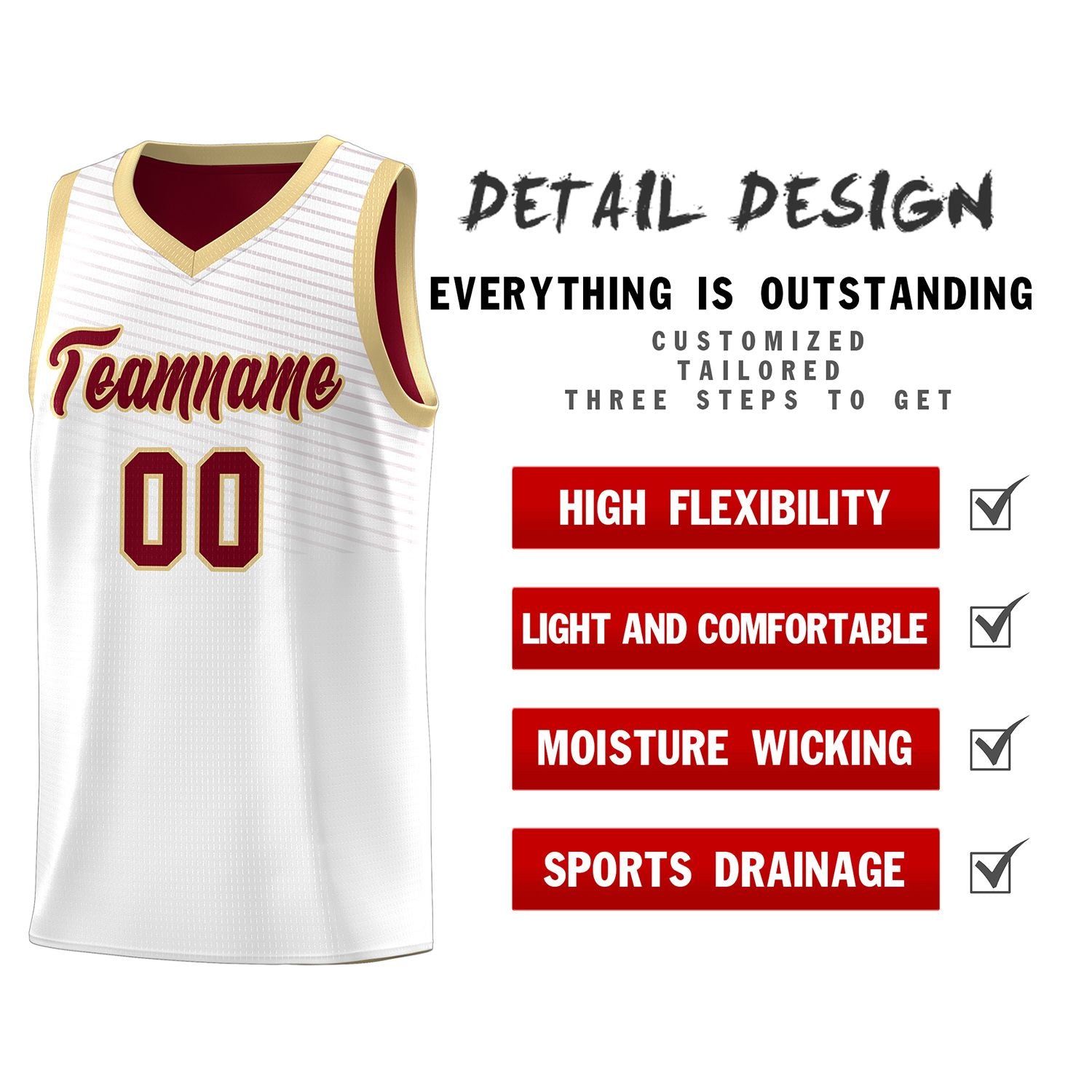 Custom White Crimson Chest Slash Patttern Sports Uniform Basketball Jersey