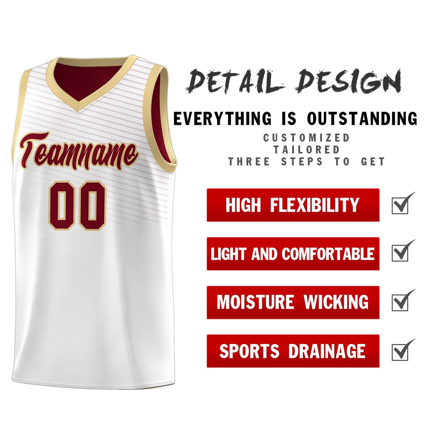 Custom White Crimson Chest Slash Patttern Sports Uniform Basketball Jersey