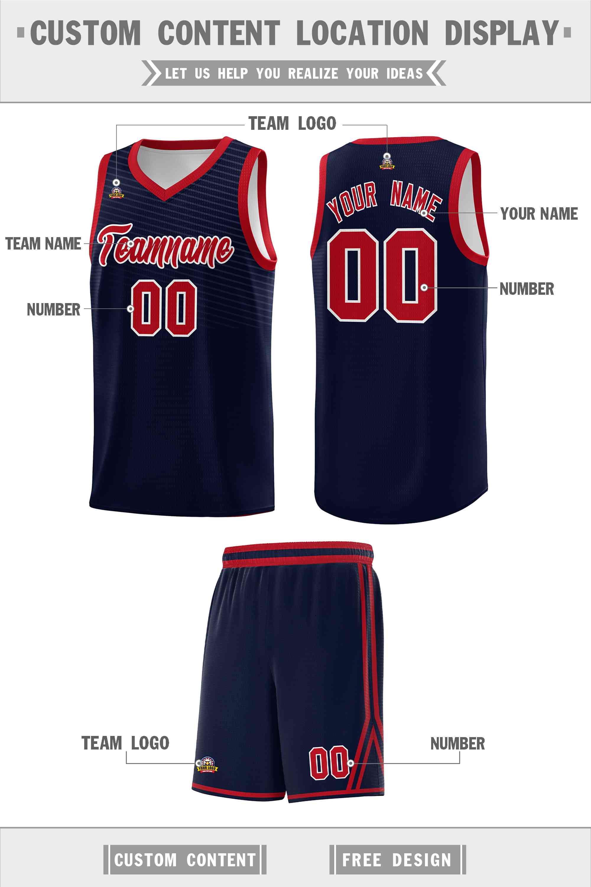 Custom Navy Red Chest Slash Patttern Sports Uniform Basketball Jersey