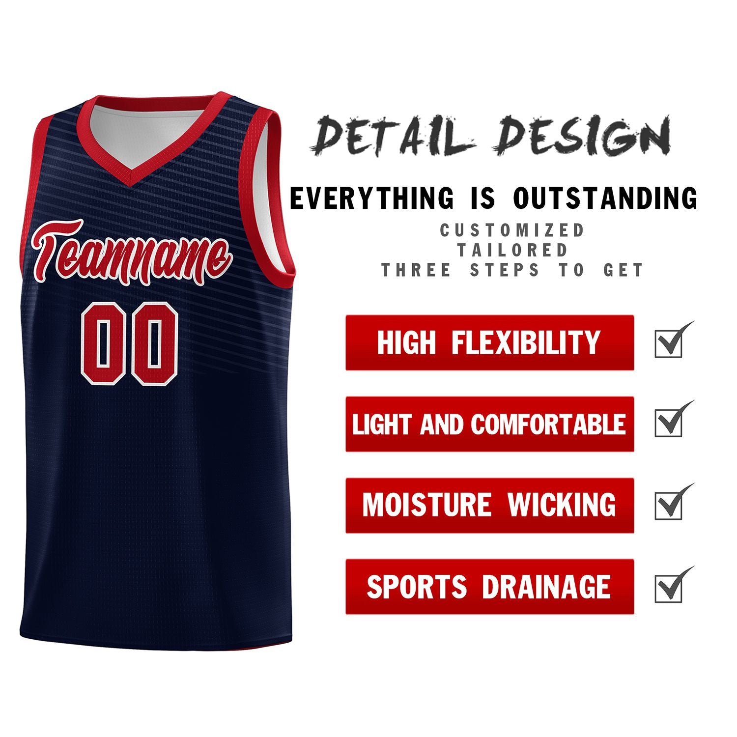 Custom Navy Red Chest Slash Patttern Sports Uniform Basketball Jersey