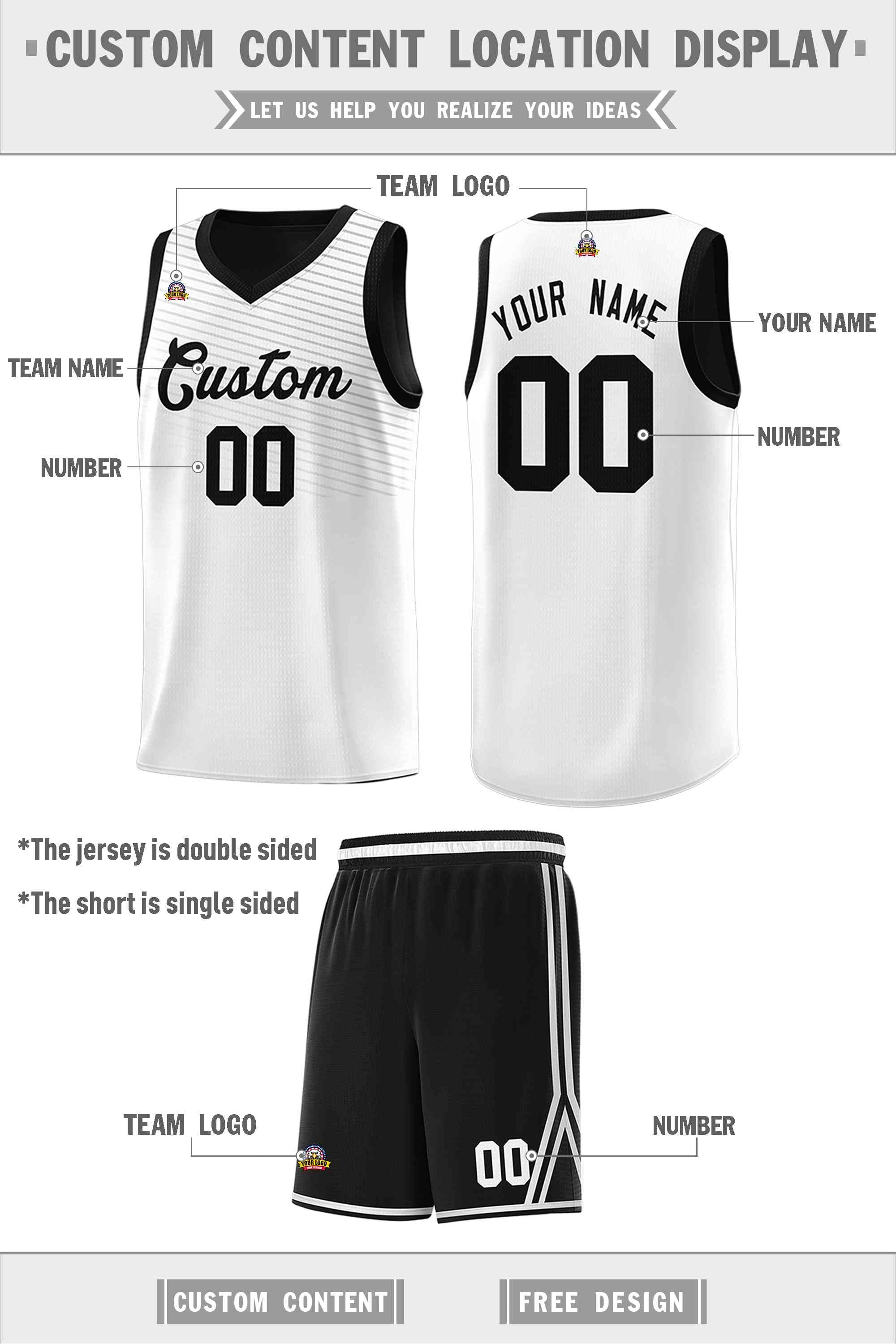 Custom Black White Chest Slash Patttern Double Side Sports Uniform Basketball Jersey