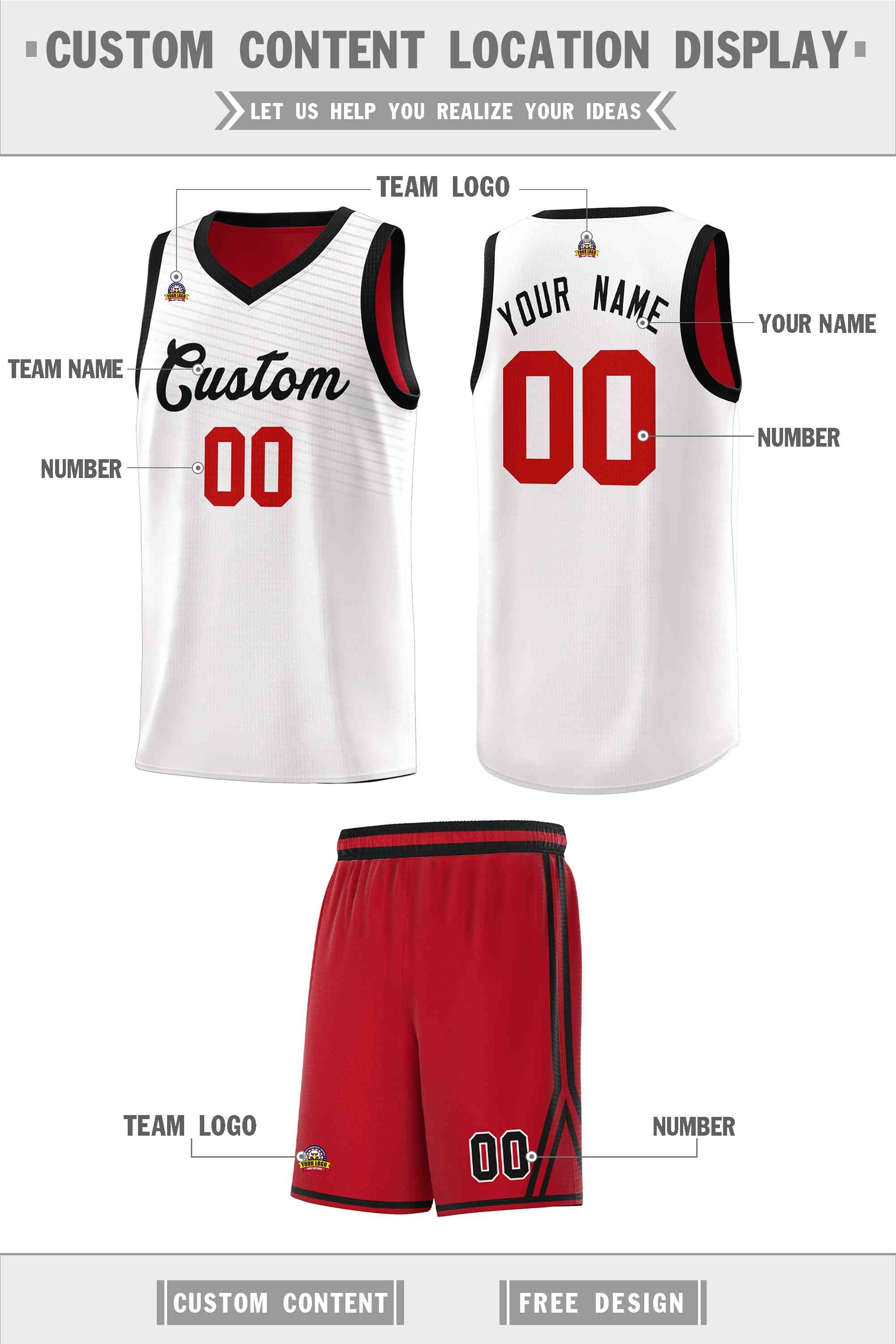 Custom White Red Chest Slash Patttern Sports Uniform Basketball Jersey