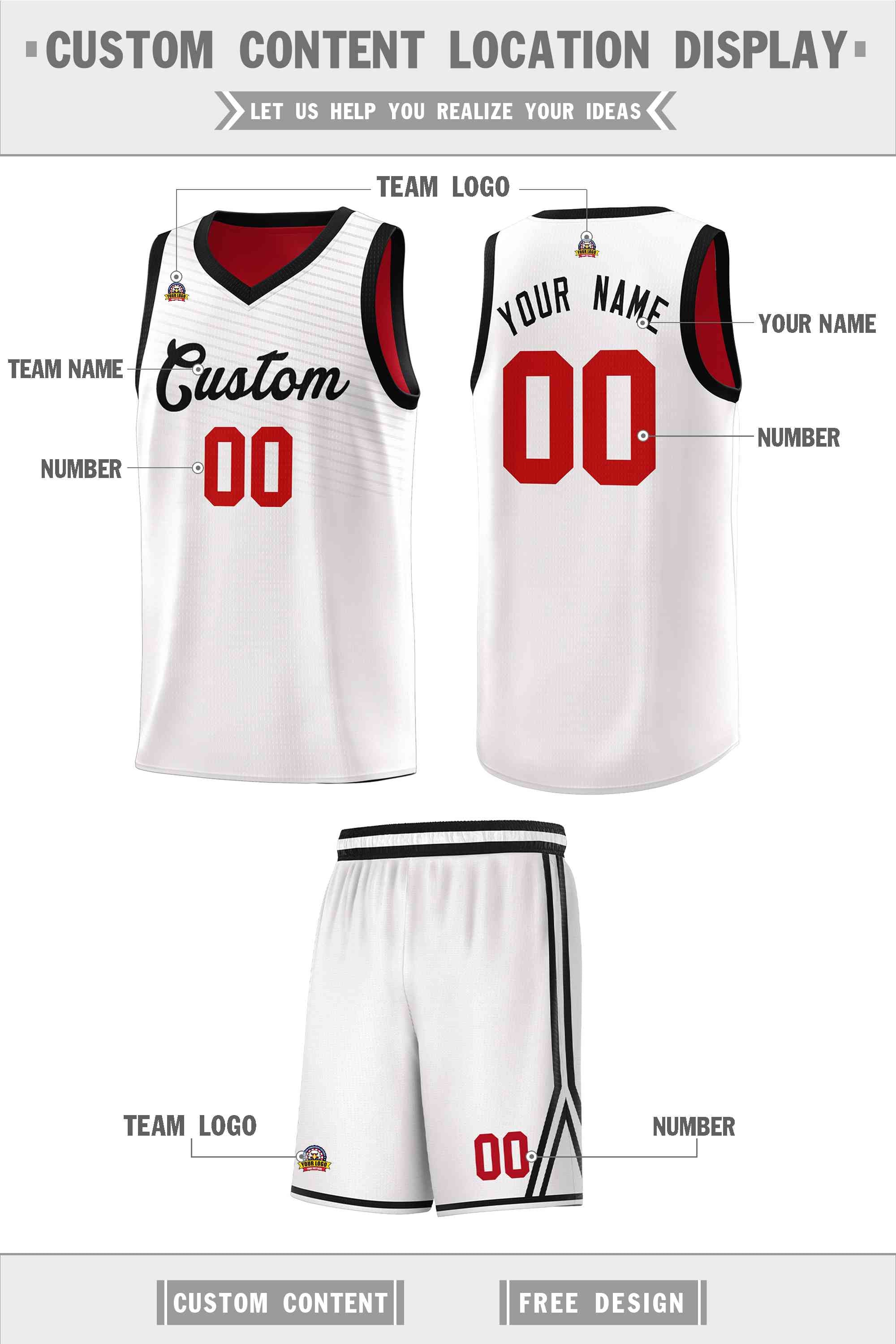 Custom White Red Chest Slash Patttern Sports Uniform Basketball Jersey