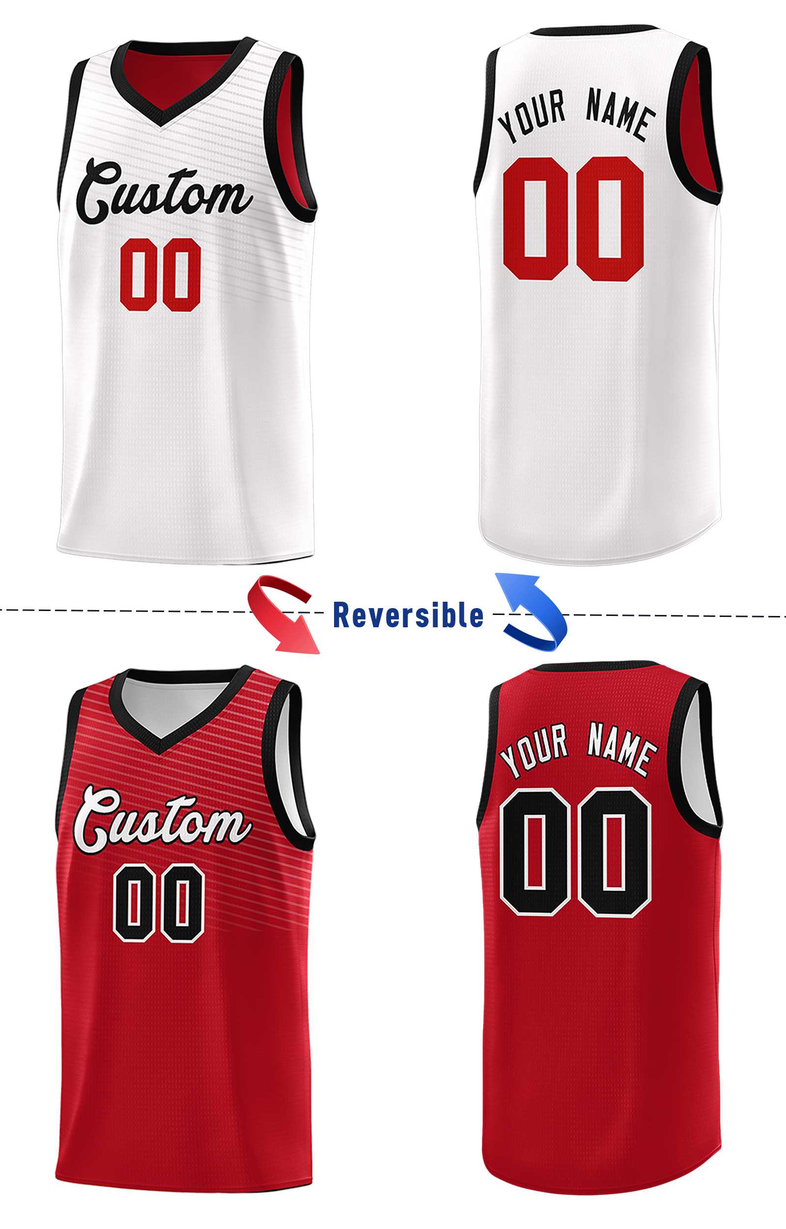 Custom Red White Chest Slash Patttern Double Side Sports Uniform Basketball Jersey