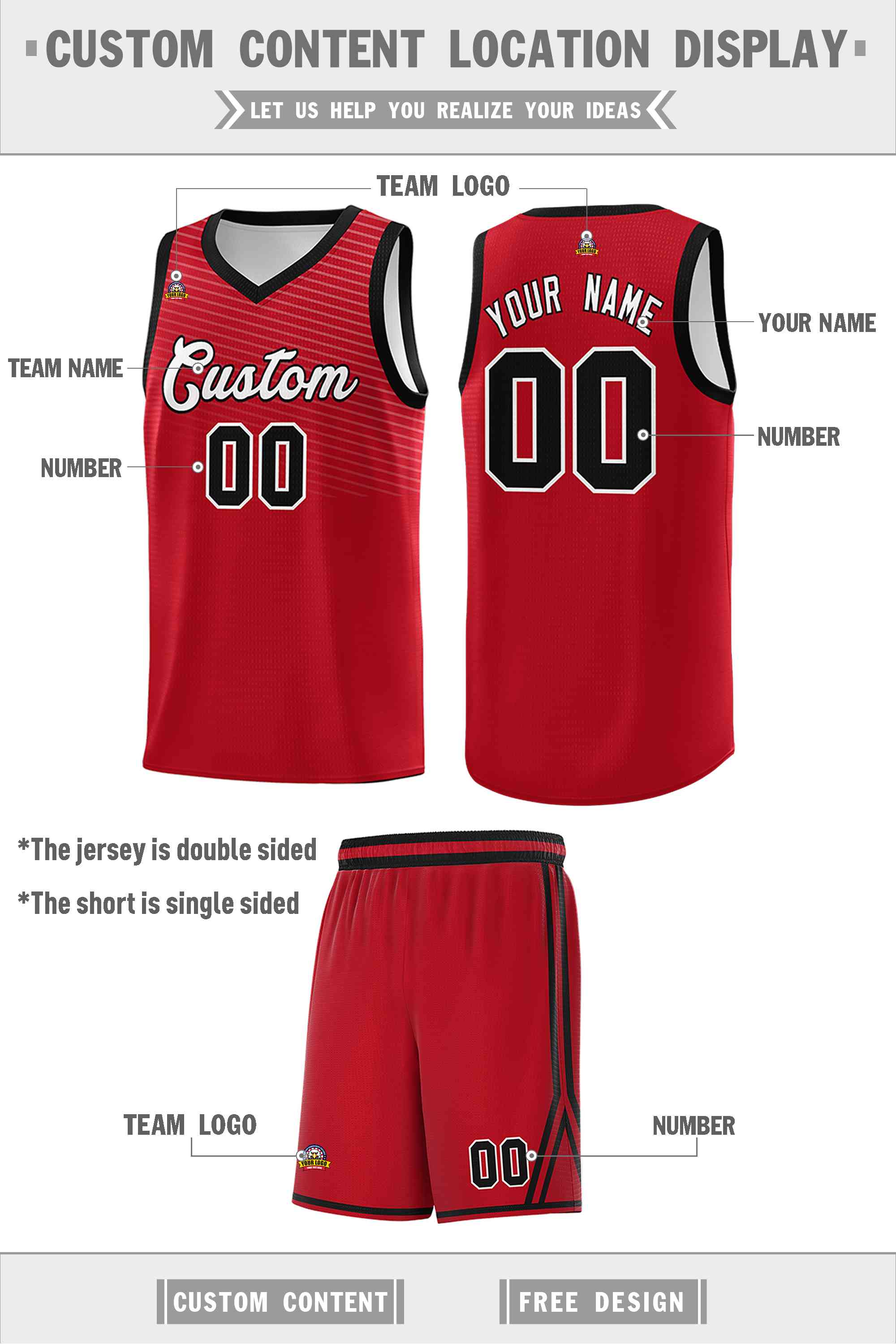 Custom Red White Chest Slash Patttern Double Side Sports Uniform Basketball Jersey