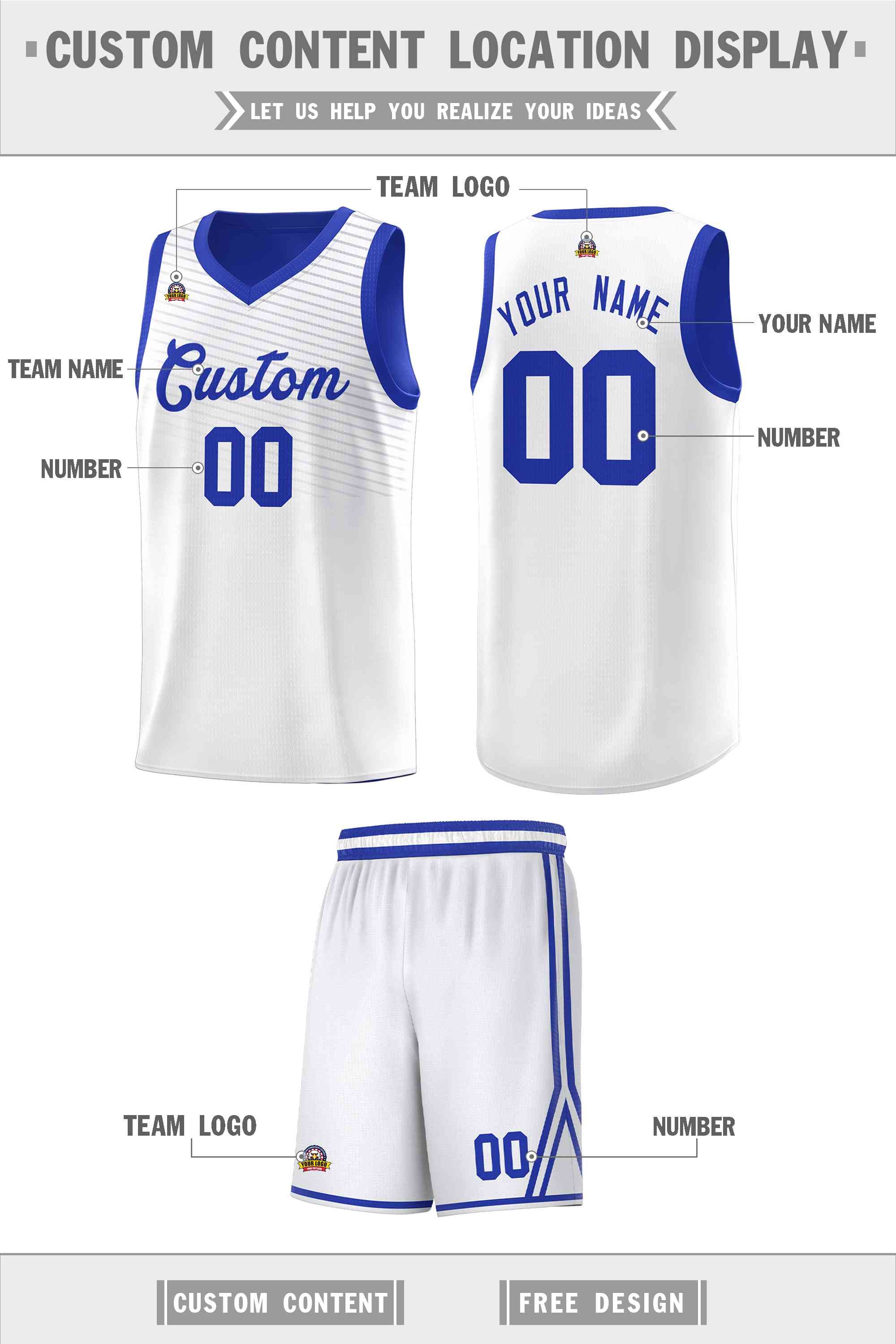 Custom White Royal Chest Slash Patttern Sports Uniform Basketball Jersey