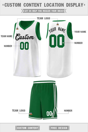 Custom White Green Chest Slash Patttern Sports Uniform Basketball Jersey