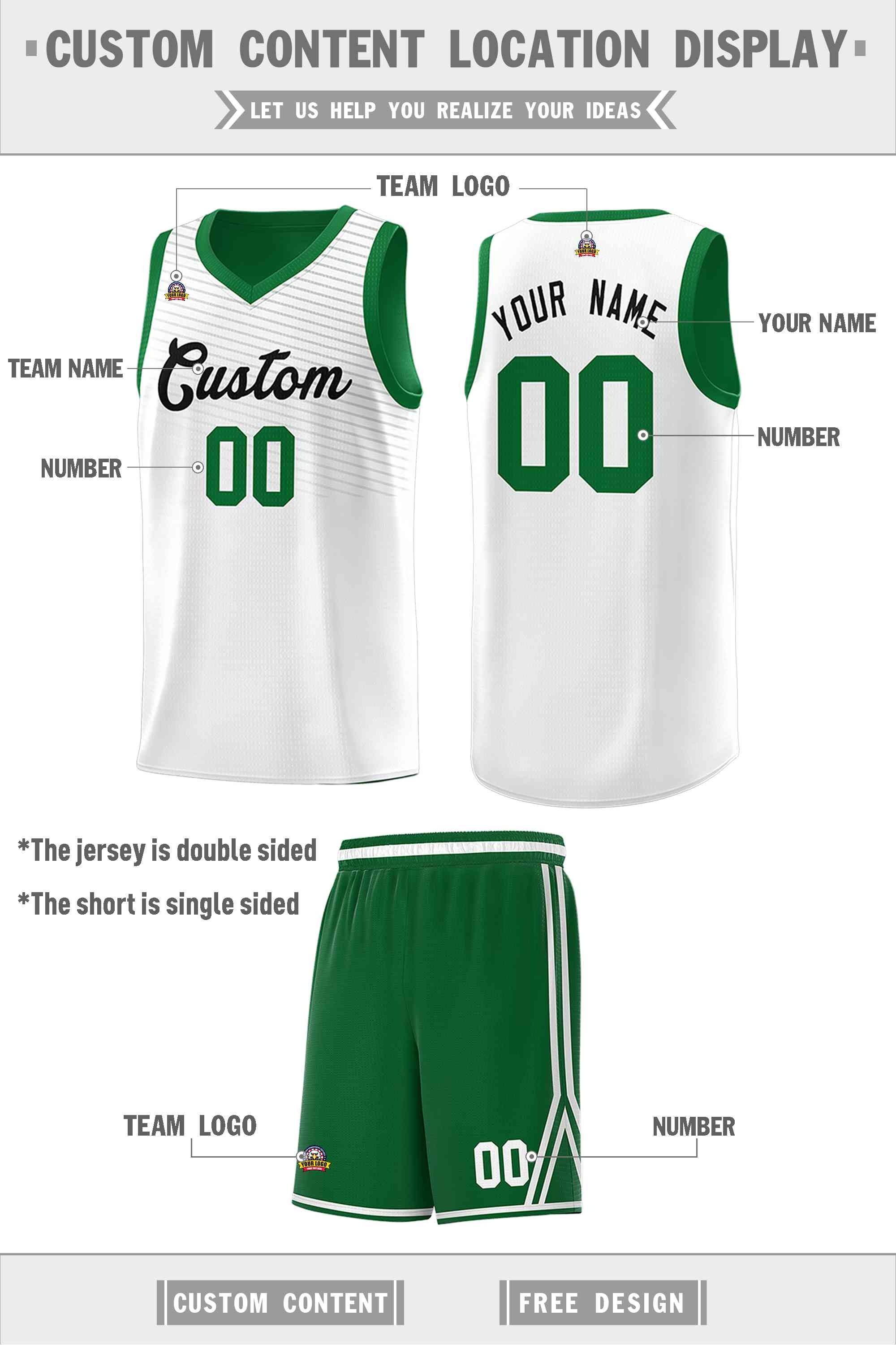 Custom Green White Chest Slash Patttern Double Side Sports Uniform Basketball Jersey