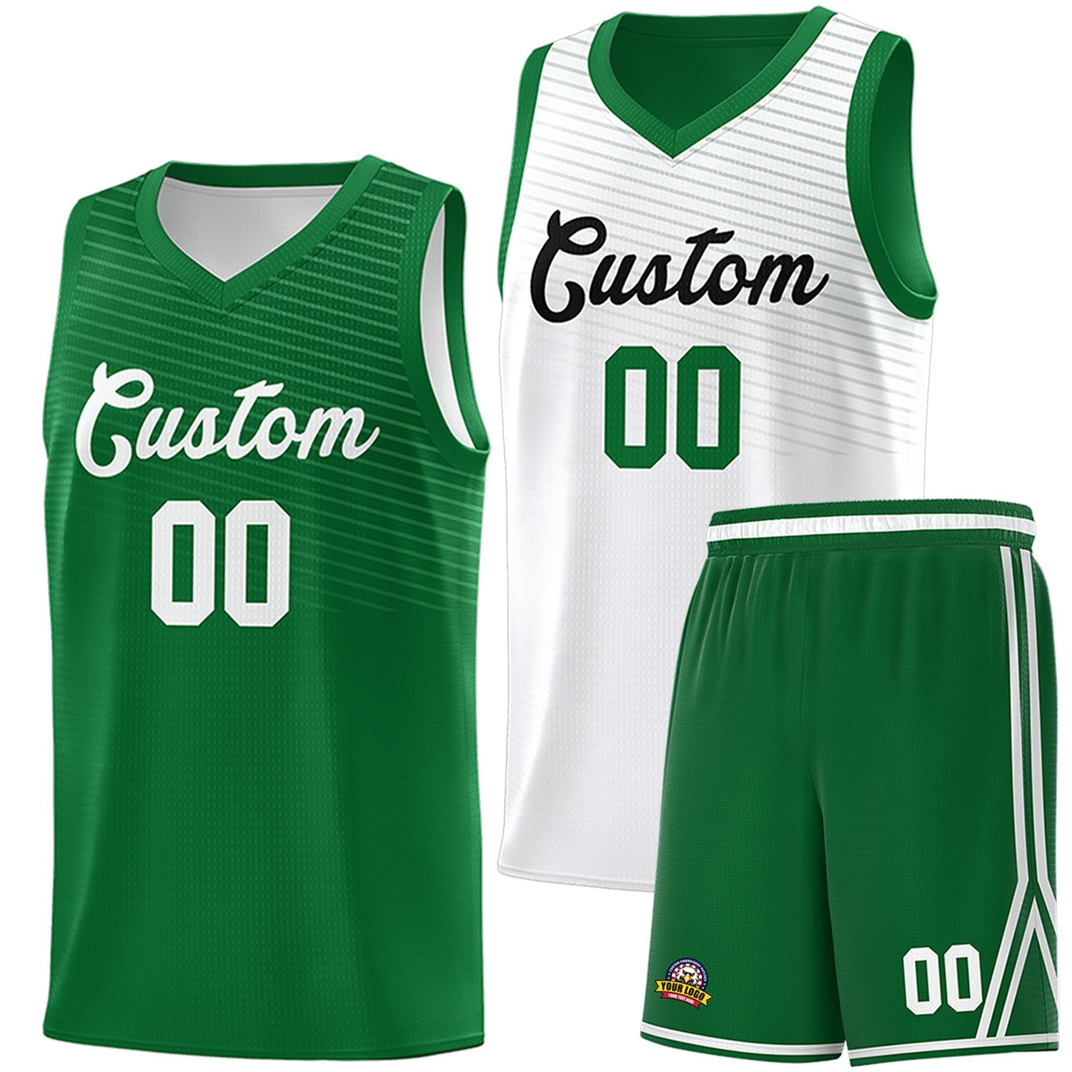 Custom Green White Chest Slash Patttern Double Side Sports Uniform Basketball Jersey