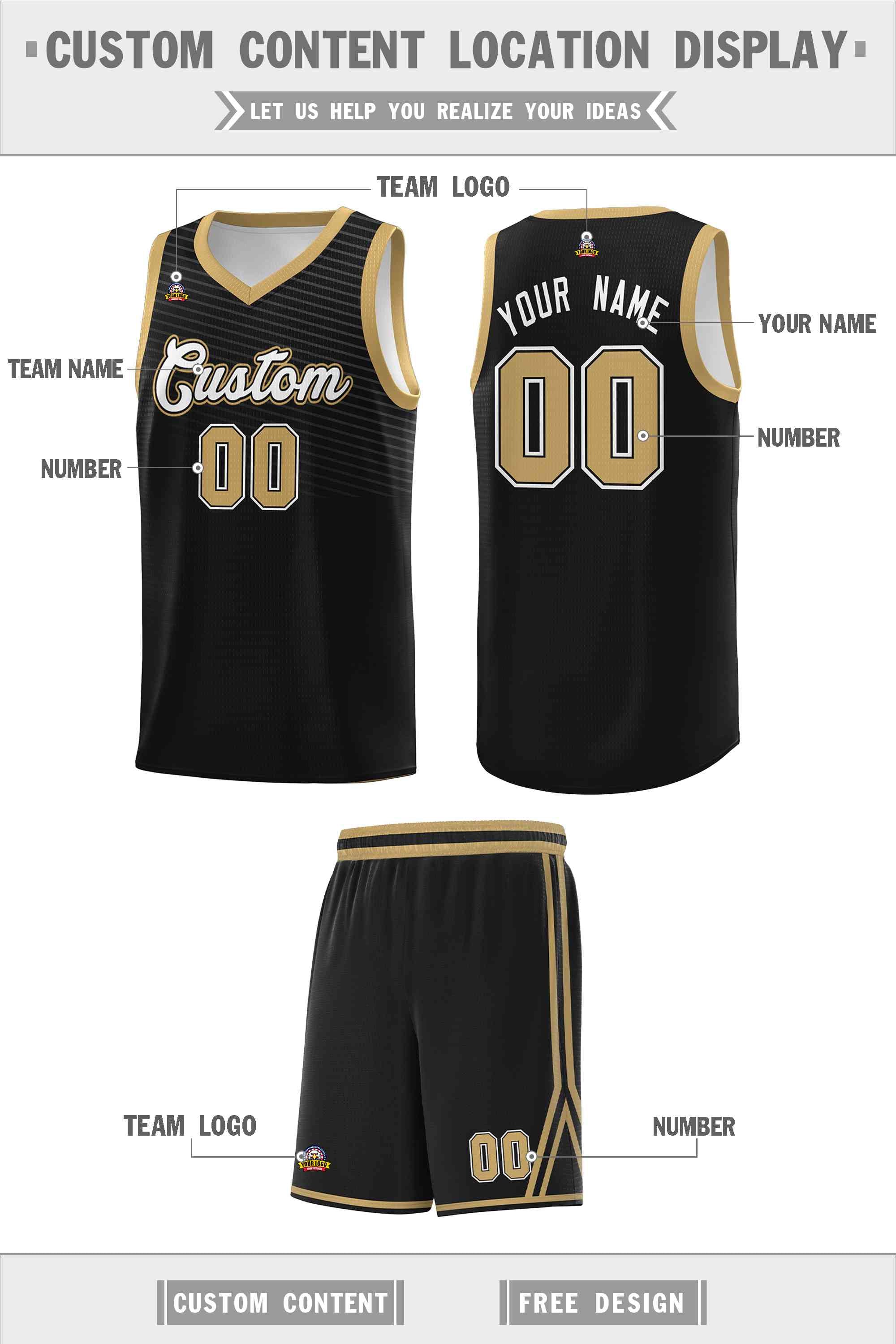 Custom Black Old Gold Chest Slash Patttern Sports Uniform Basketball Jersey