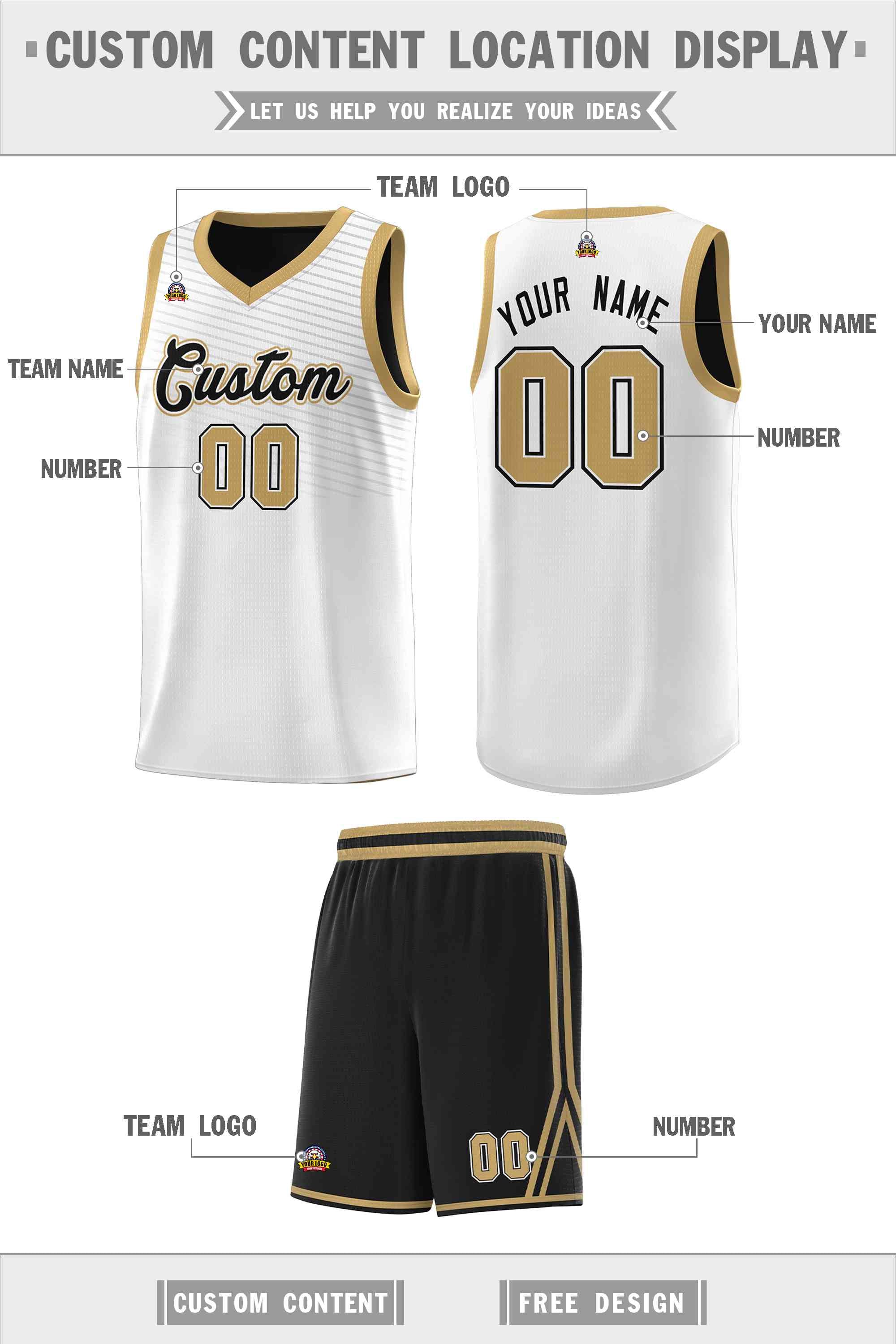 Custom White Old Gold Chest Slash Patttern Sports Uniform Basketball Jersey