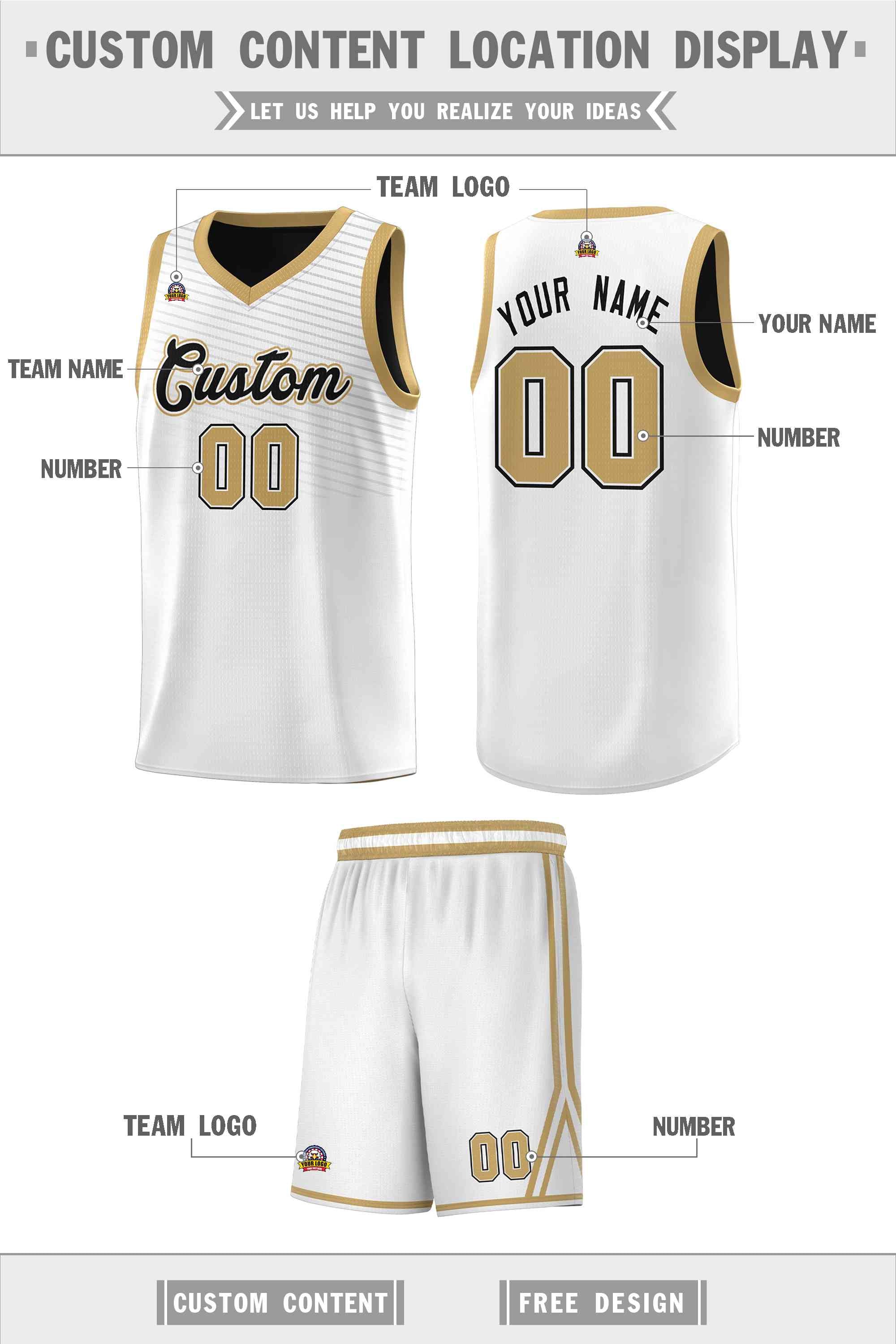 Custom White Old Gold Chest Slash Patttern Sports Uniform Basketball Jersey