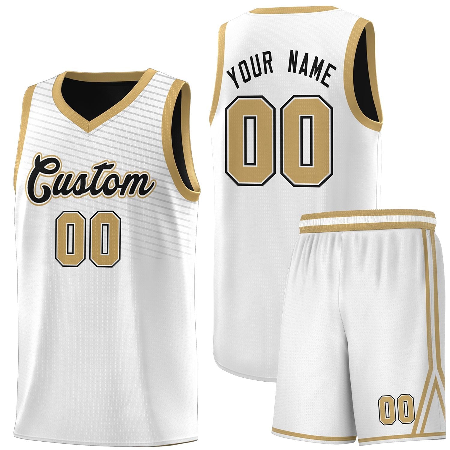 Custom White Old Gold Chest Slash Patttern Sports Uniform Basketball Jersey