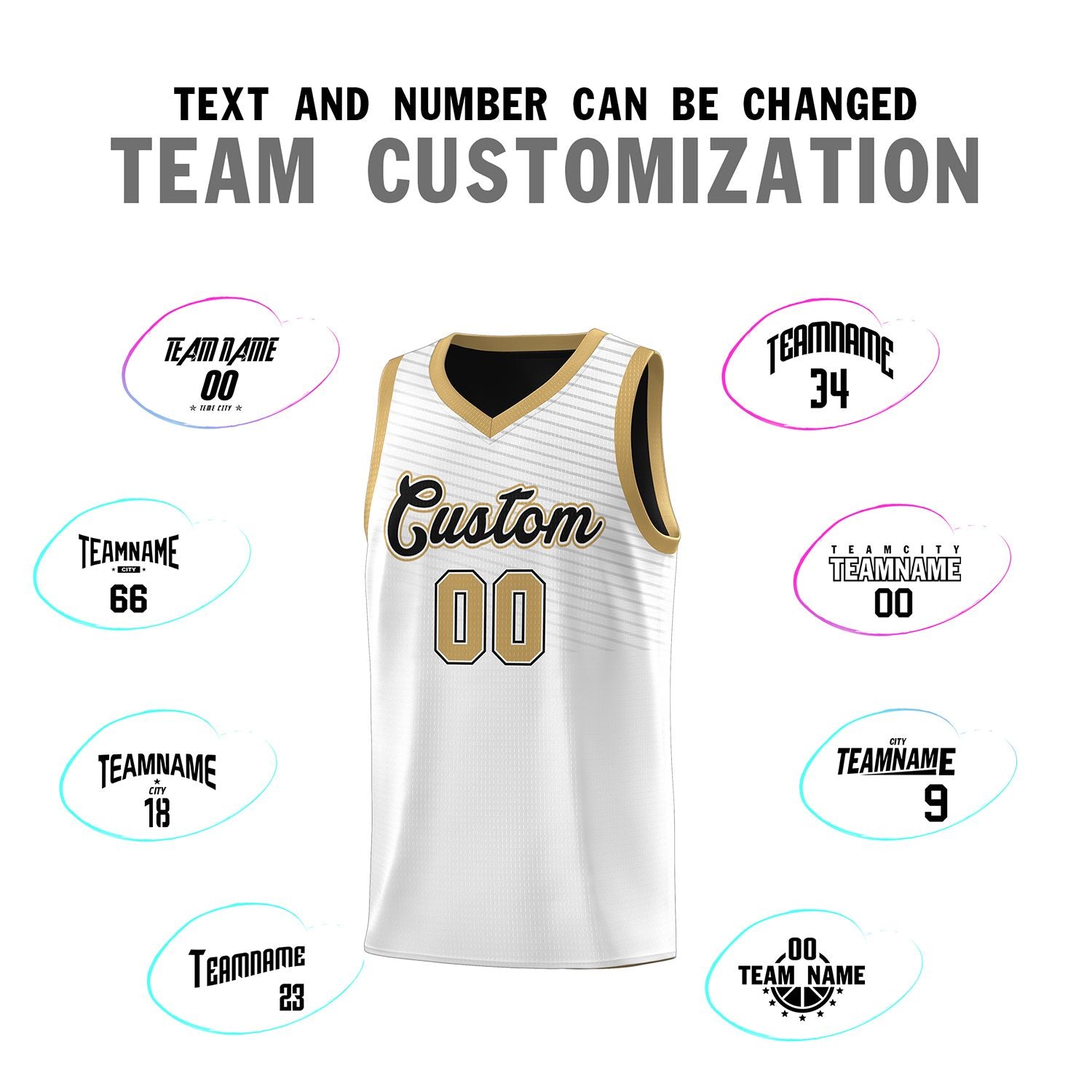 Custom White Old Gold Chest Slash Patttern Sports Uniform Basketball Jersey