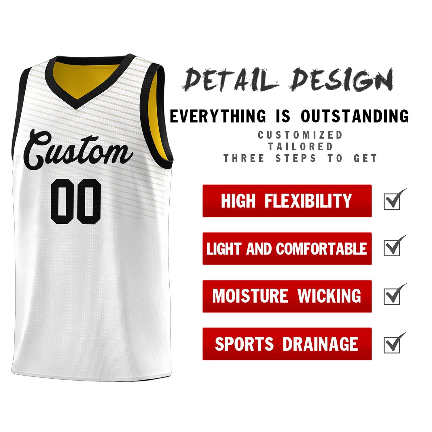 Custom White Gold Chest Slash Patttern Sports Uniform Basketball Jersey