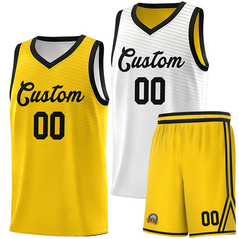 Custom Gold White Chest Slash Patttern Double Side Sports Uniform Basketball Jersey