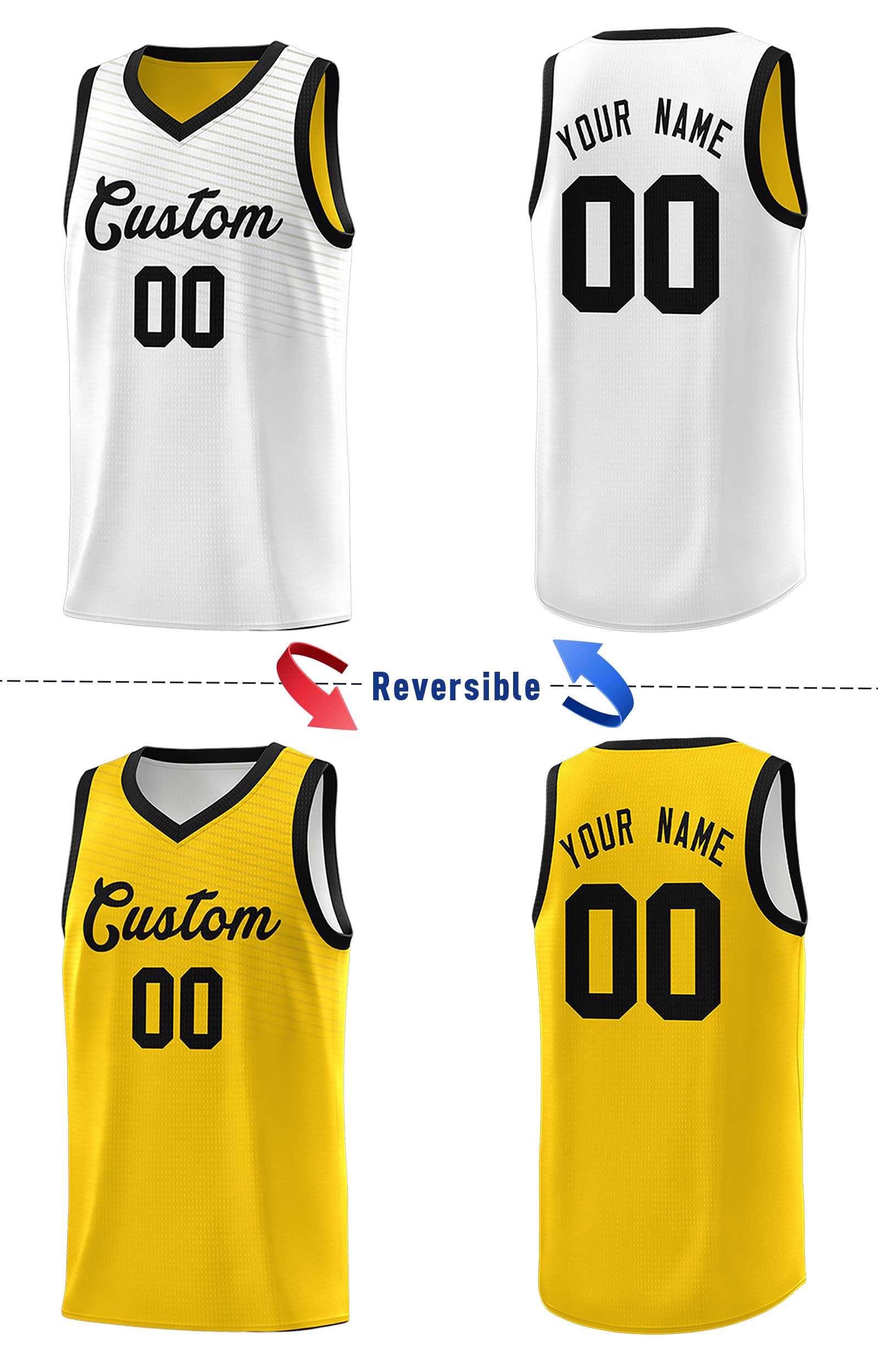 Custom Gold White Chest Slash Patttern Double Side Sports Uniform Basketball Jersey