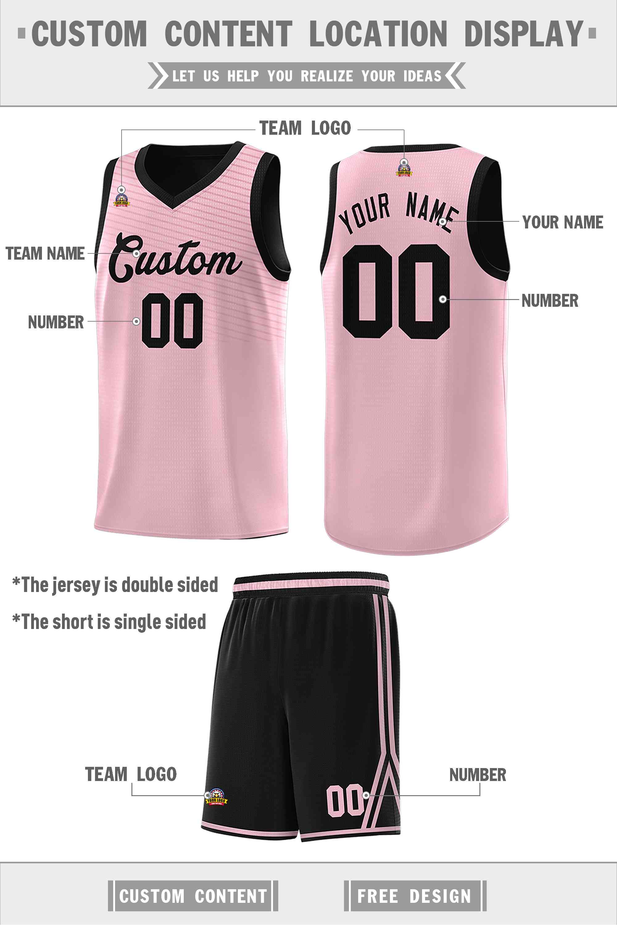 Custom Black Pink Chest Slash Patttern Double Side Sports Uniform Basketball Jersey