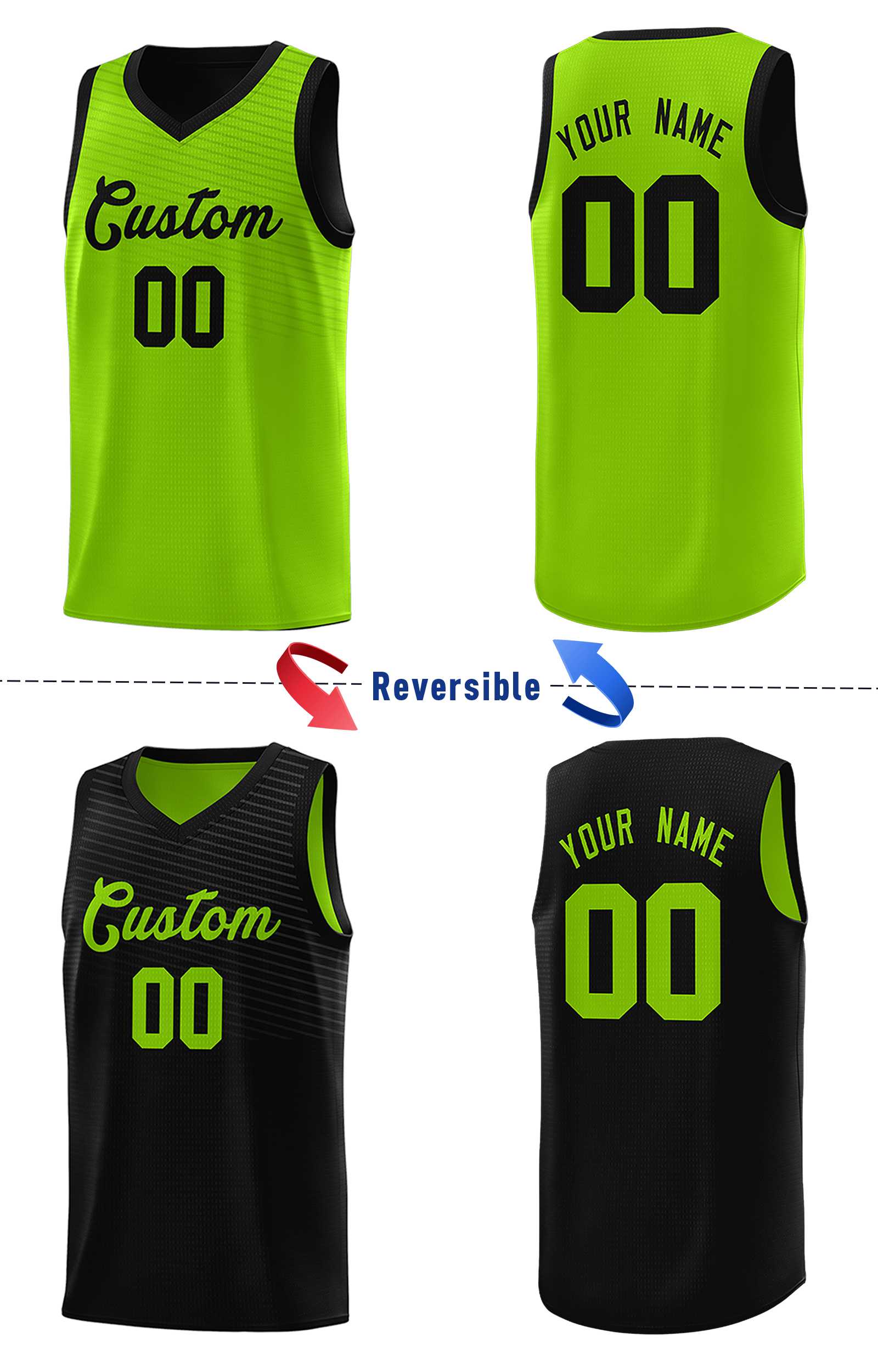 Custom Black Neon Green Chest Slash Patttern Double Side Sports Uniform Basketball Jersey