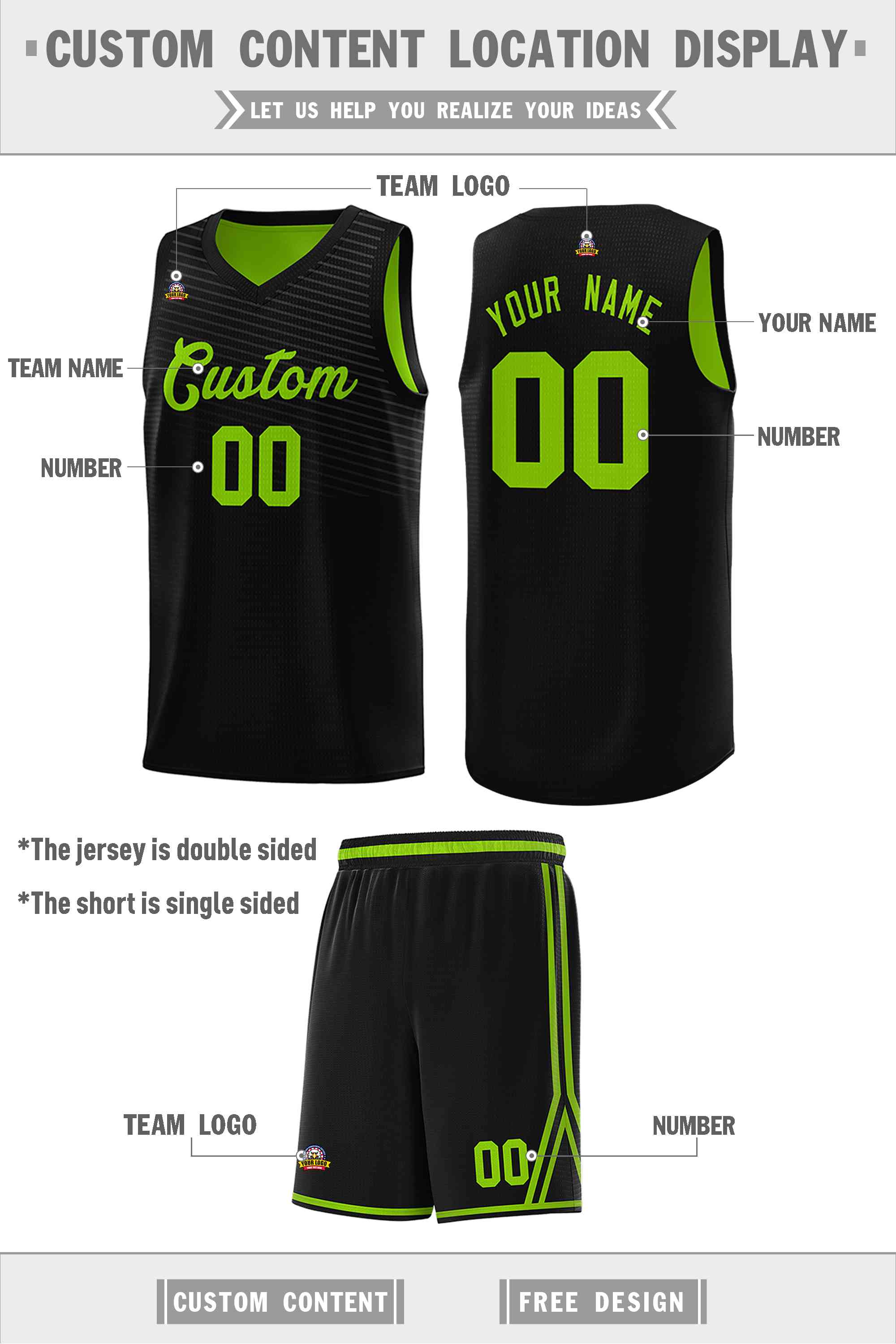 Custom Black Neon Green Chest Slash Patttern Double Side Sports Uniform Basketball Jersey